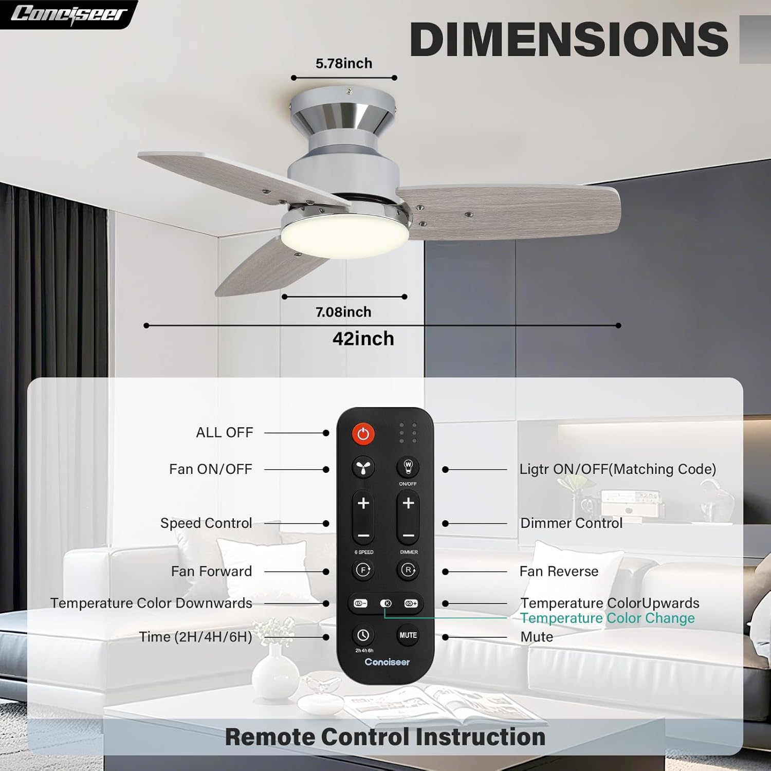 42 Inch Ceiling Fans with Lights and Remote, Bedroom Living Room Office, Flush Mount, 3CCT Dimmable, Dual Color 3 Blades 6 Speed Reversible Quiet DC Motor, Chrome-Plated/Wood Grain, 2 Pack