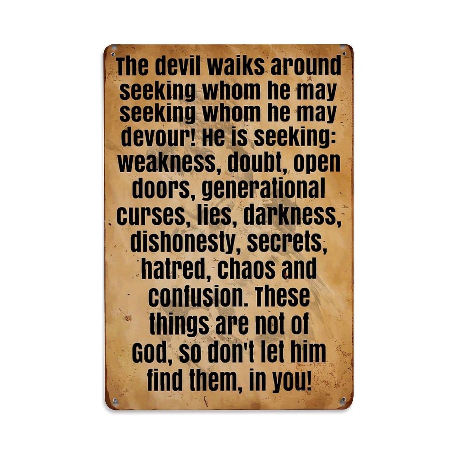 Devil Seeking Weakness Darkness Lies Retro Metal Tin Sign, Vintage Decor Art Poster for Bar, Home, Man Cave, Kitchen, Laundry Room Gift 8x12Inch