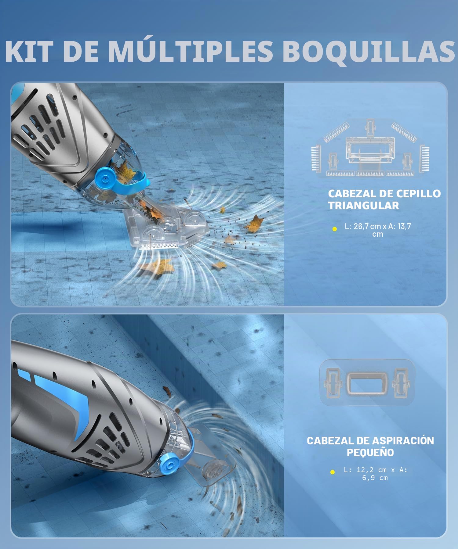 Aspirador de Piscina para Piscinas elevadas y enterradas (2026), 26,5 GPM Alta Potencia succión para Piedras, V3 IPX8 limpiafondos Piscina bateria, 2 Cabezales y 4 Bolsas de Filtro, 1 h de autonomía