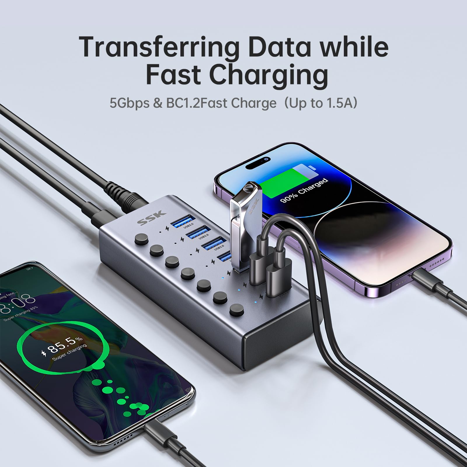 SSK 7-Port Powered USB 3.0 Hub, Aluminio Divisor de Extensión USB con interruptores de alimentación Individuales y Leds, 5Gbps de Datos USB Hub de Carga con DC12V3A Adaptador y 3.93ft Cable Largo