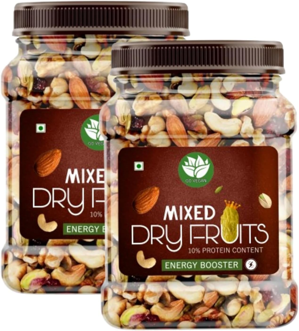 Go Vegan Healthy Nutmix 1Kg, Dried Almonds, Black Raisins, Cashewnuts, Cranberries, Black Dates & Many More Pack of 2 (500g Each Jar)