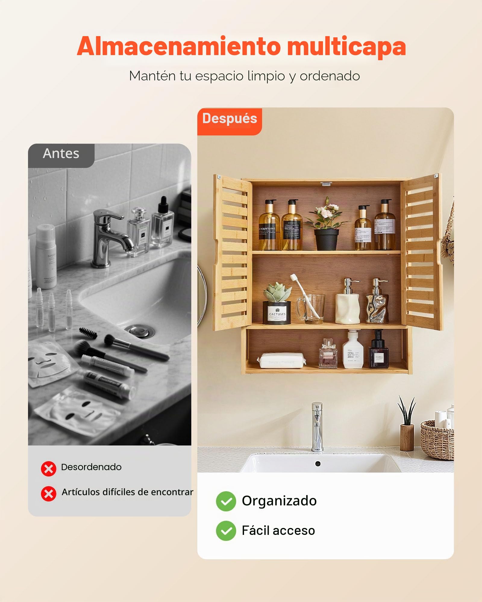 VEVOR Armario de Pared para Baño con 2 Puertas y Estantes Ajustables, Ideal para Colocar sobre el Inodoro, con Compartimento Abierto para Cocina y Baño, Fácil de Instalar, 590 x 210 x 666 mm