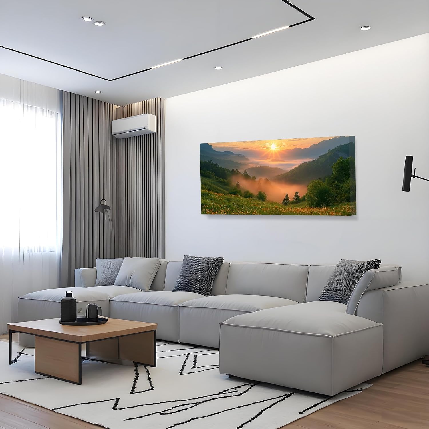 Craftline - Mountain Canvas Wall Art Green Hills with Flowers and Sunset Photo Meadow with Flower Nature Landscape Picture Modern Poster Framed Artwork for Living Room Office Bedroom Decor 32x16inch