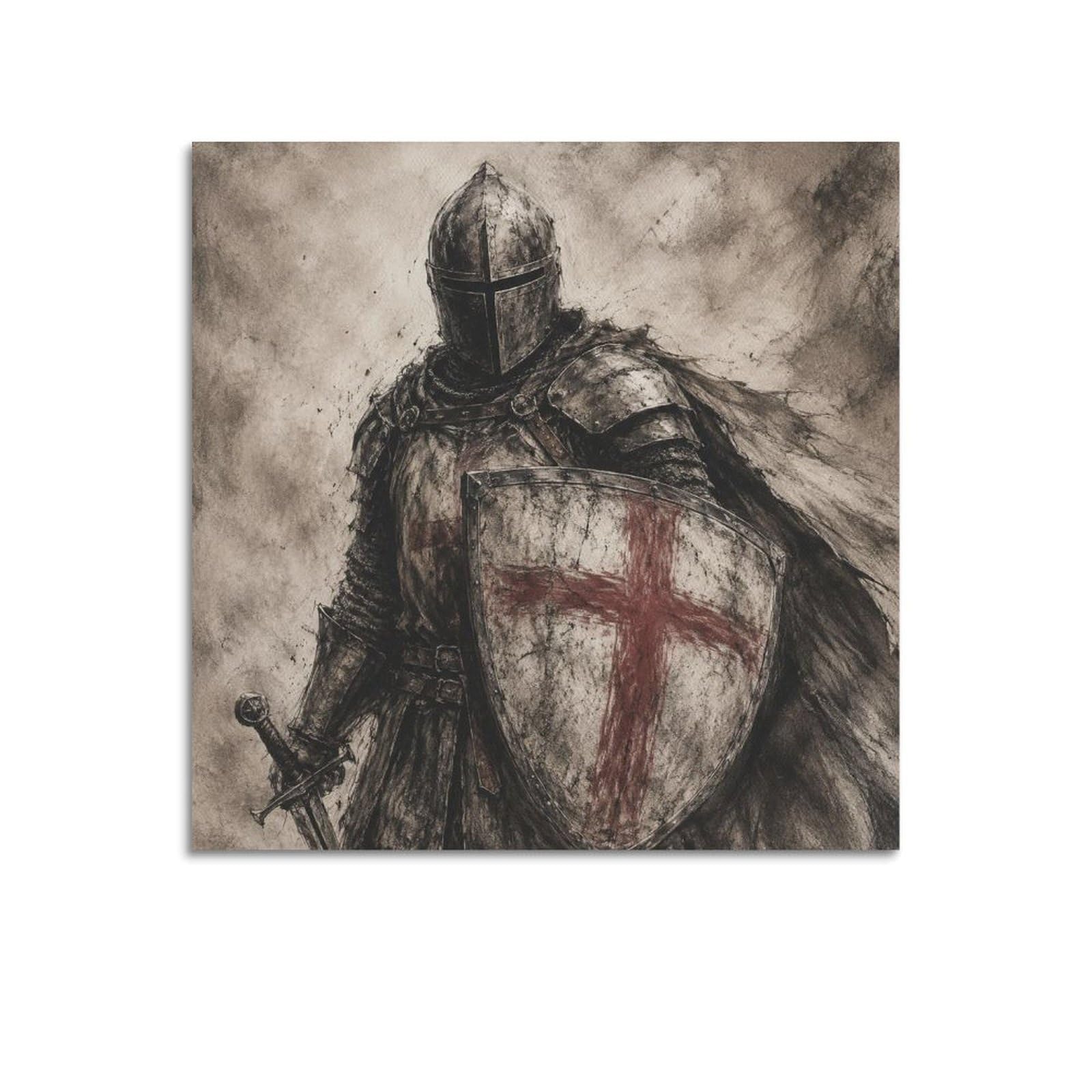 XKUGA Sacred Cross Templar Knight Gothic Poster Red Chalk Armor Modern Decorative Canvas Prints - Ideal Wall Art for Family, Man Cave, Game Room, Boys & Girls Bedroom 16x16inch(40x40cm)