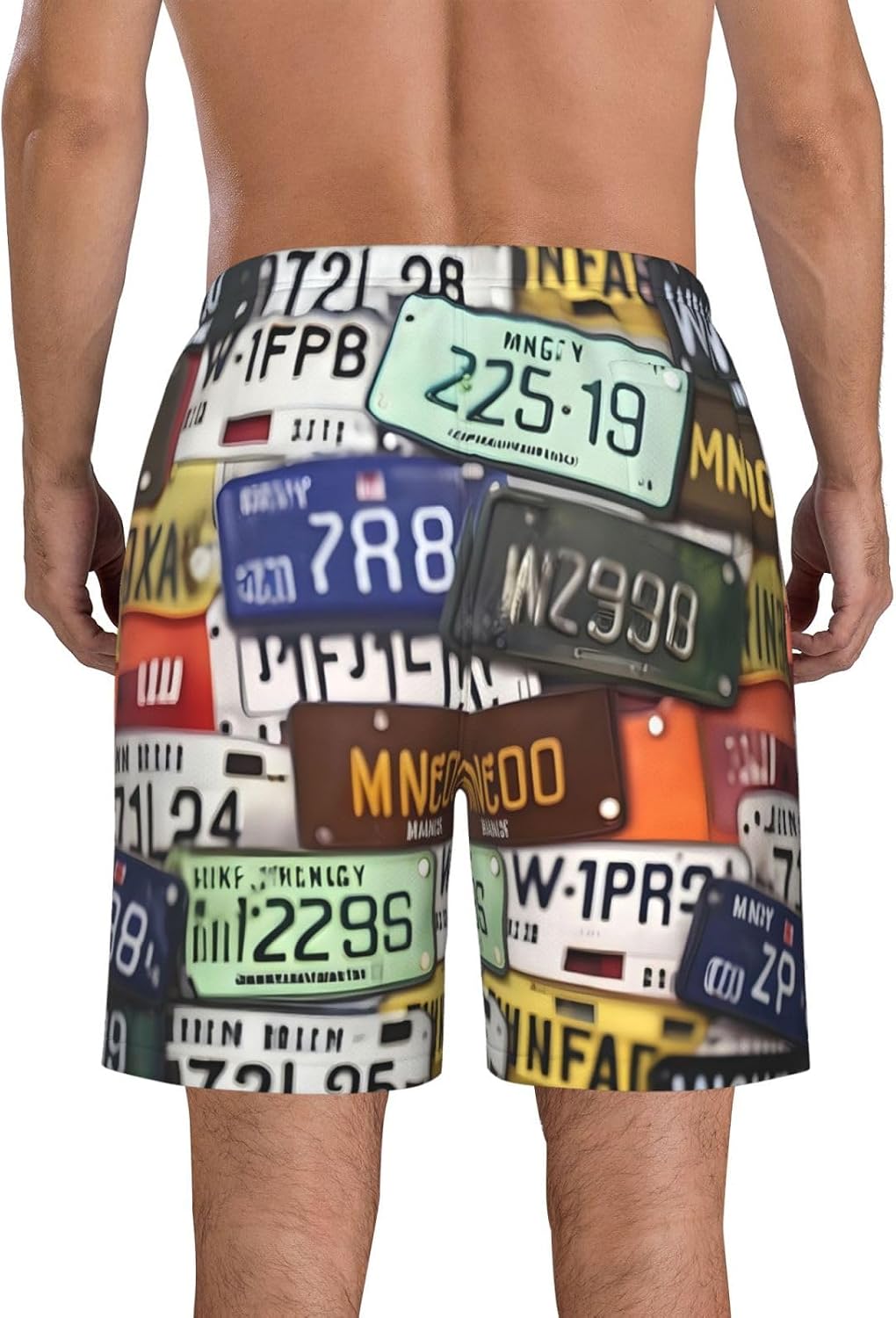 License Plate Print Men's Quick-Drying Shorts Casual Beach Pants Stretch Waist Shorts and Pockets