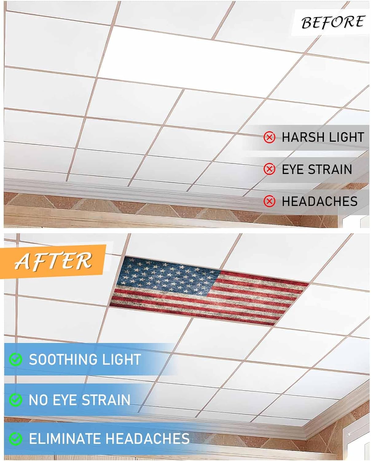 4 Pack Fluorescent Light Cover for Ceiling Lights, American Flag Magnetic Classroom Light Filters 4x2 Feet, Vintage Blue Red USA Flag Decorative Ceiling Light Covers for Office