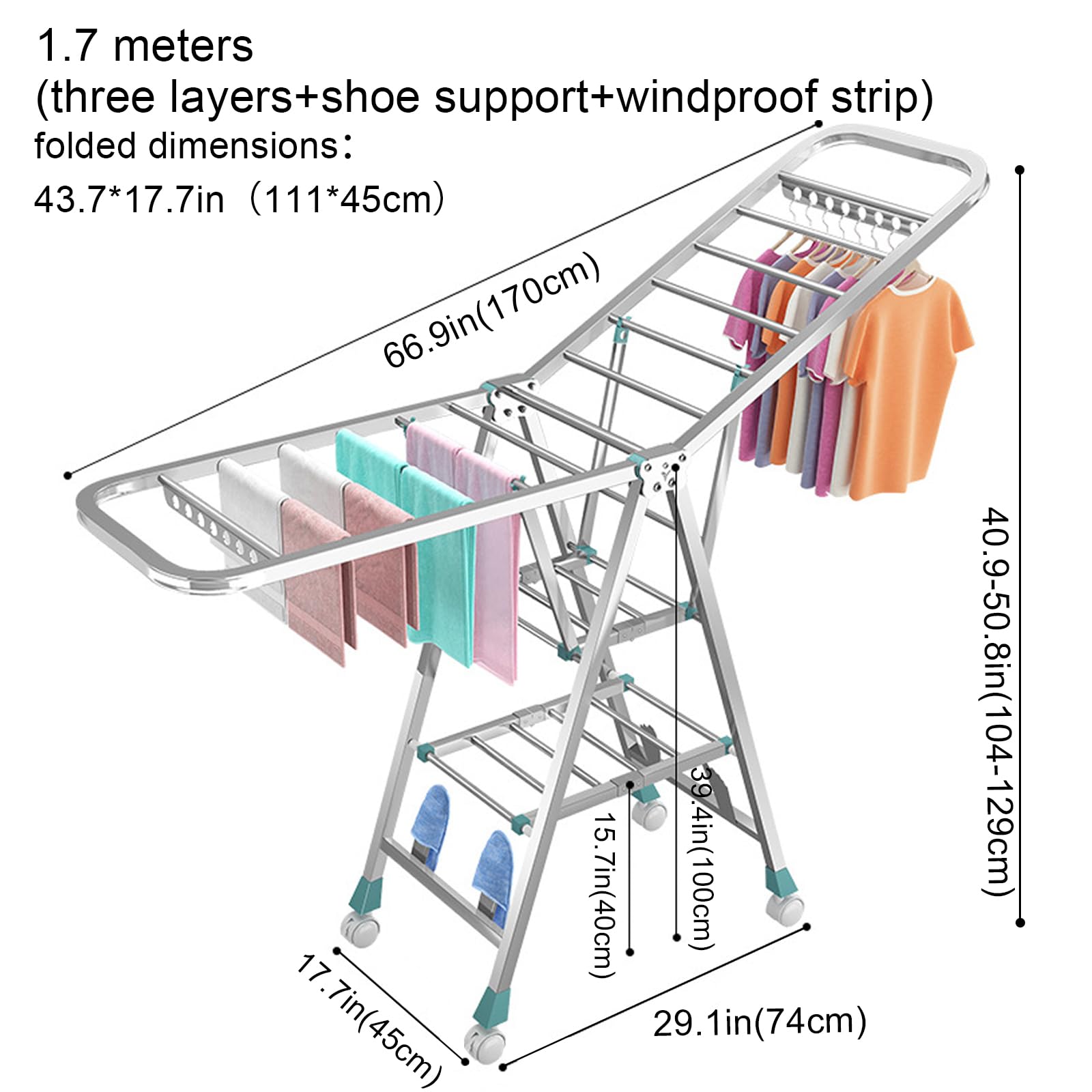 Wäscheständer Aluminium Klappbar, Höhenverstellbarer Wäscheständer mit Windschutz Streifen & Schuhablage, Faltbarer Wäschetrockner für Badezimmer, Balkon & Garten Innen Außenbereich (1,7 Meter)