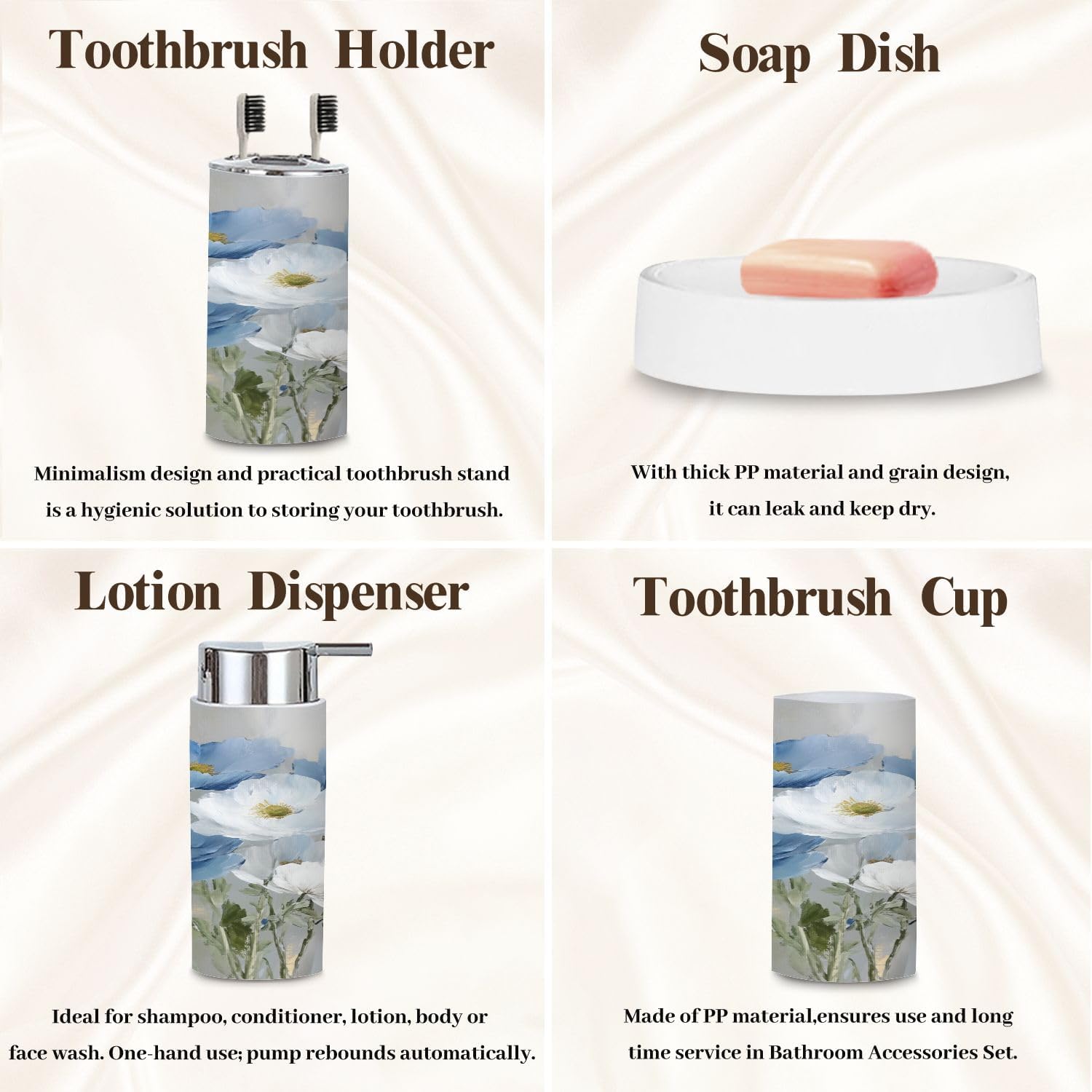 Bathroom Accessory Set 6 Piece Goldfoilart Blue Flower Light Blue White Floral Modern Flower Trash can, Toothbrush Holder, Soap Dispenser, Soap Dish, Toothbrush Cup, Toilet Brush Holder
