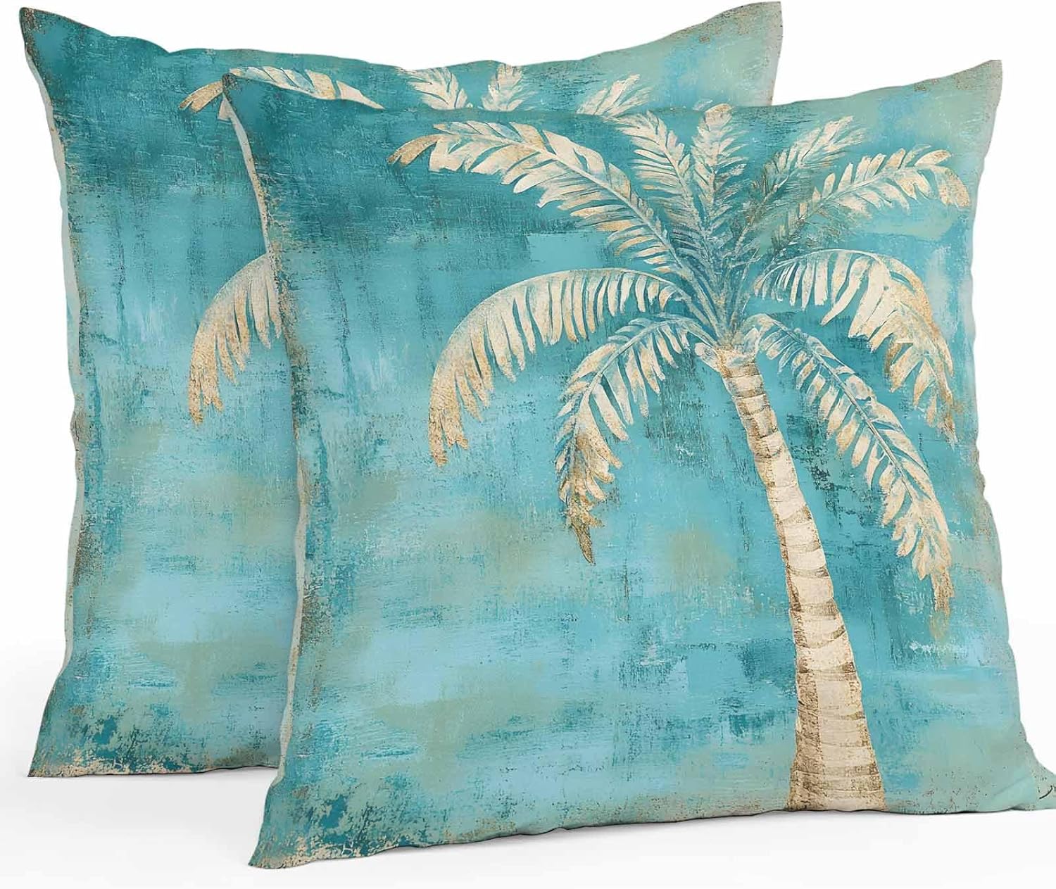 Coastal Beach Tree Green Outdoor Waterproof Pillow Covers, Vintage Tropical Flower Plant Decorative Square Throw Pillowcase Sofa Cushion Sham for Patio/Couch/Chair, 18"x18" 2 Pack
