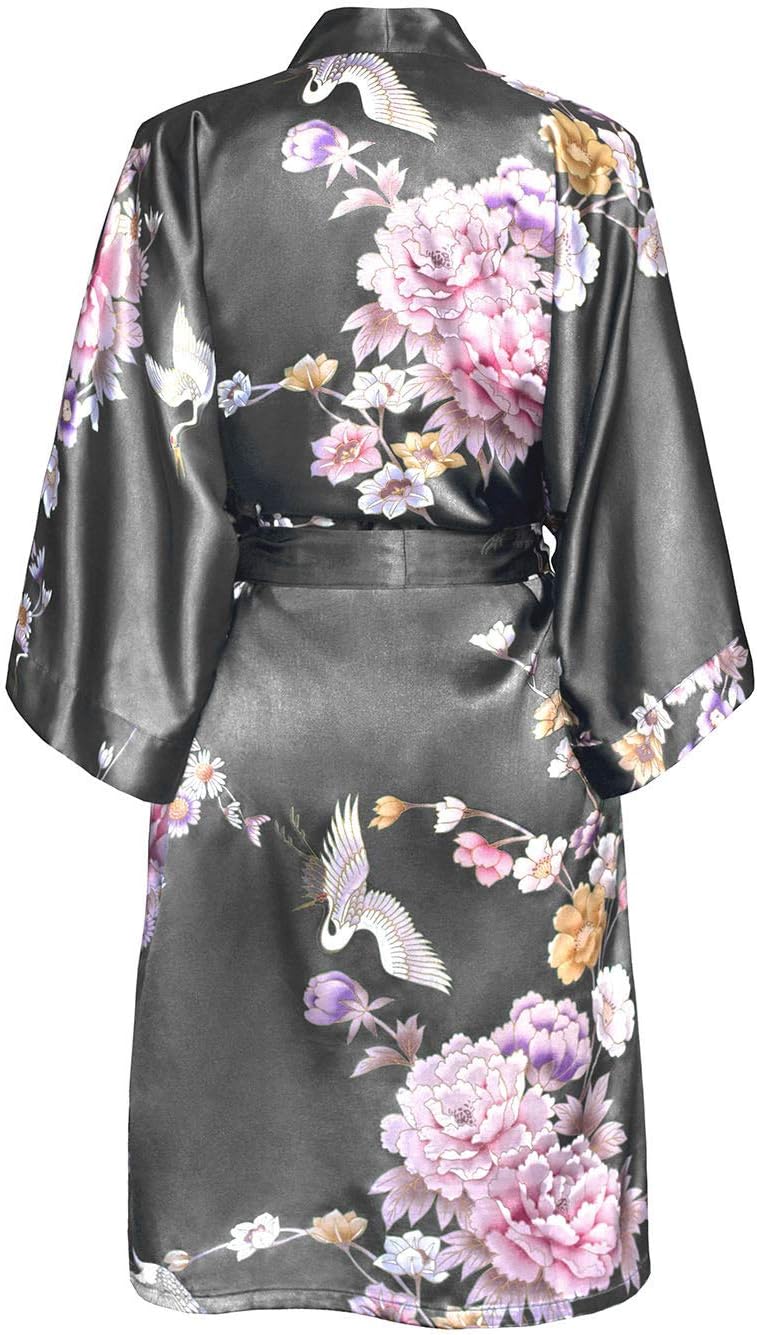 OLDSHANGHAI Women's Satin Kimono Robe Short - Floral One Size Chrysanthemum & Crane - Gunmetal