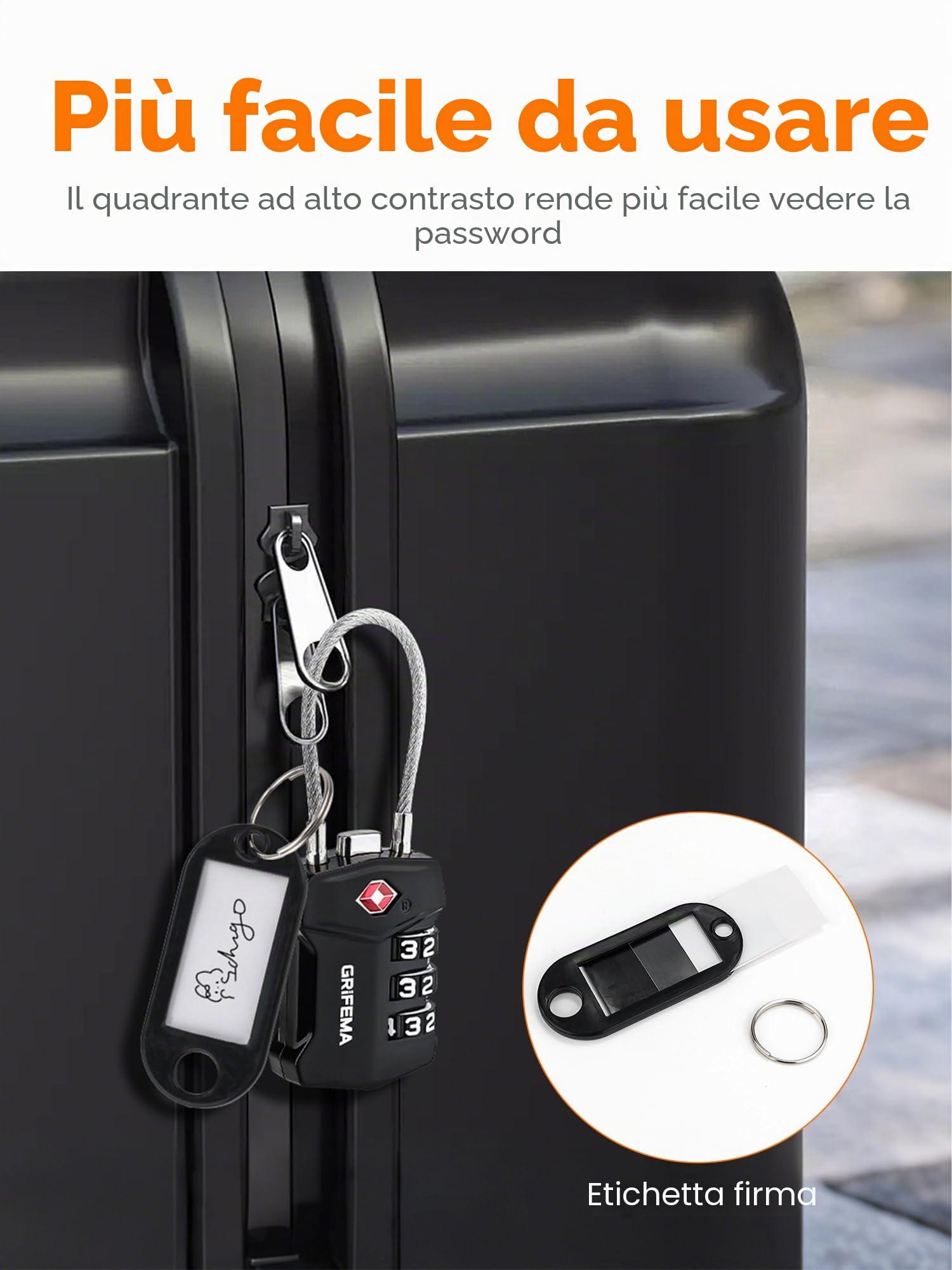 GRIFEMA Lucchetti TSA con Combinazione a 3 Cifre, Cavo Acciaio Flessibile per Valigie, Borse e Viaggi (Confezione Singola, GA1006)