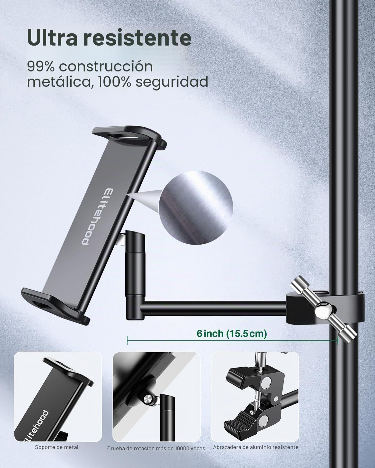 elitehood Aluminio Soporte Tablet Pie de Micro, Montaje Lateral Soporte iPad Microfono con Ajustable de 360°, Soporte Tablet para Micrófono y para iPad, Pro, Mini, Air 4.7-12.9” Tabletas Teléfono