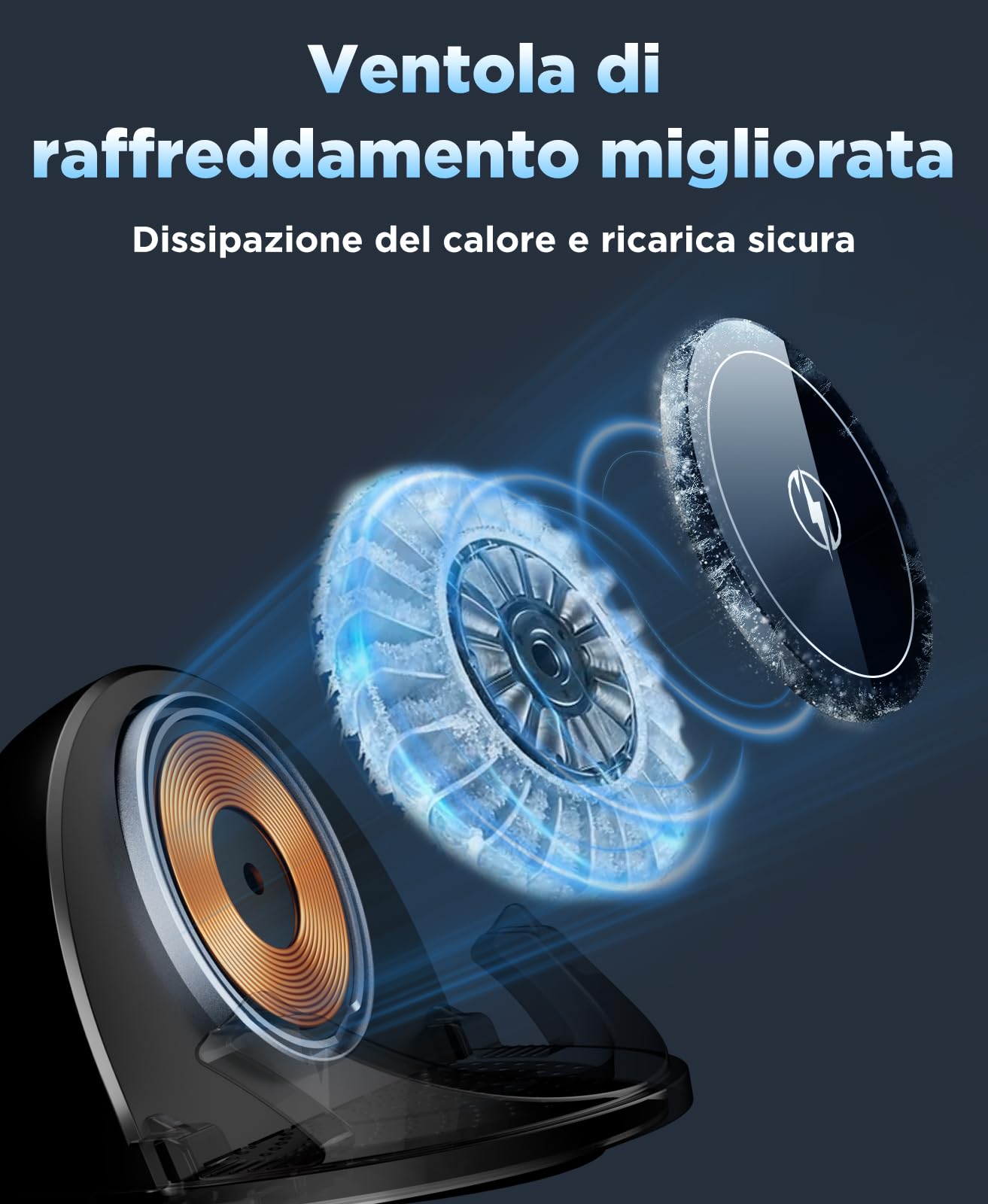 Beeasy Caricatore Wireless Auto, 15W Qi Caricabatterie Ricarica Rapida Supporto, [Ventola Integrata 2025], Antiscivolo Caricatore Auto Cruscotto per iPhone e Samsung