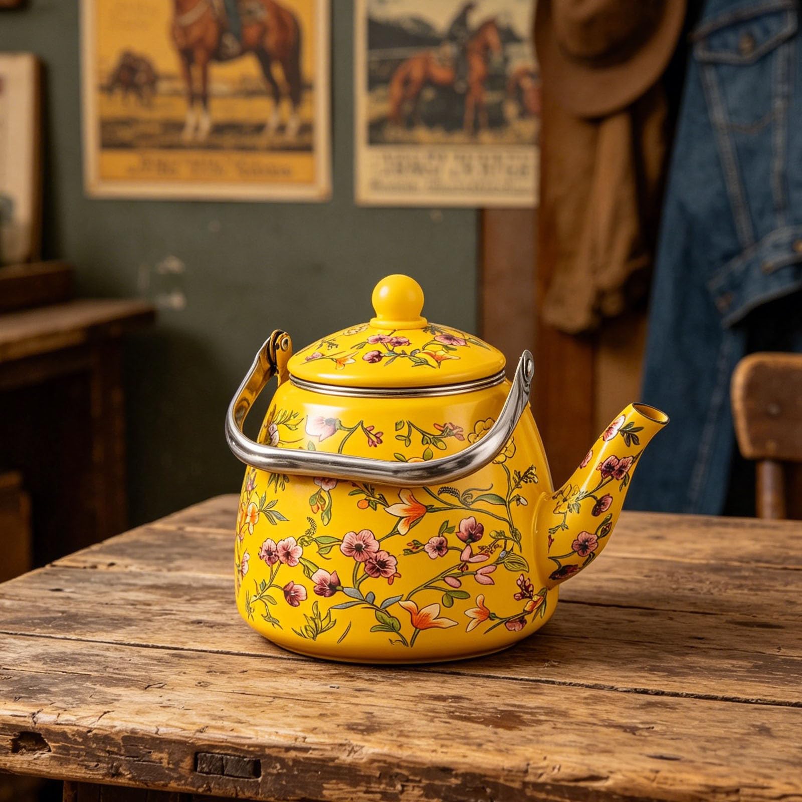 Tetera de Esmalte Grueso con Base Plana y Capacidad de 3.3l, Diseño Retro con Patrón Floral, Mango Antideslizante Adecuado para Cocina y Oficina