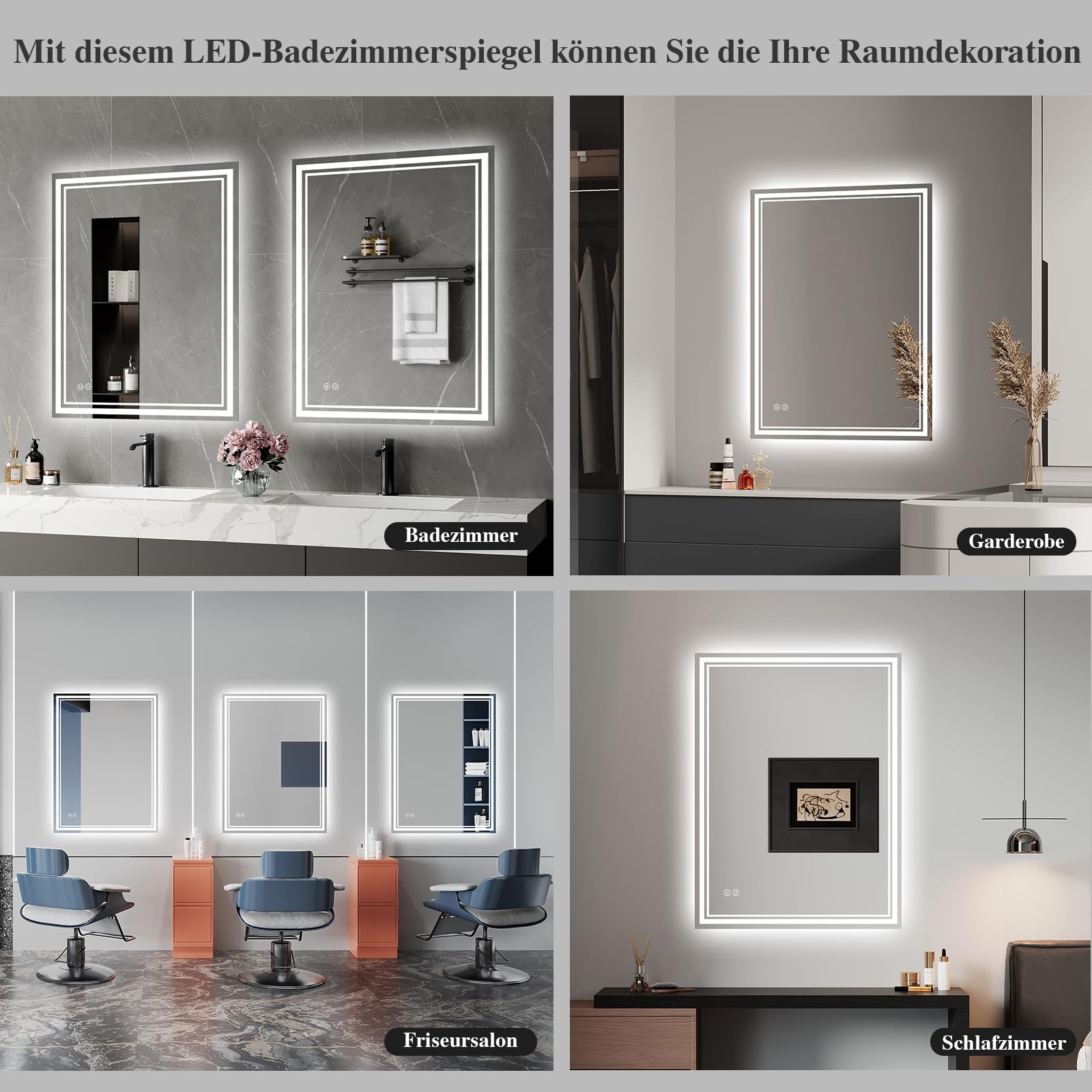 Badspiegel-mit-Beleuchtung 40x60cm - LED Badezimmerspiegel Badezimmer Spiegel mit Beleuchtung, Beschlagfrei, Touch-Schalter, 3 Lichtfarben - Bad Spiegel mit Licht Horizontal/Vertikal