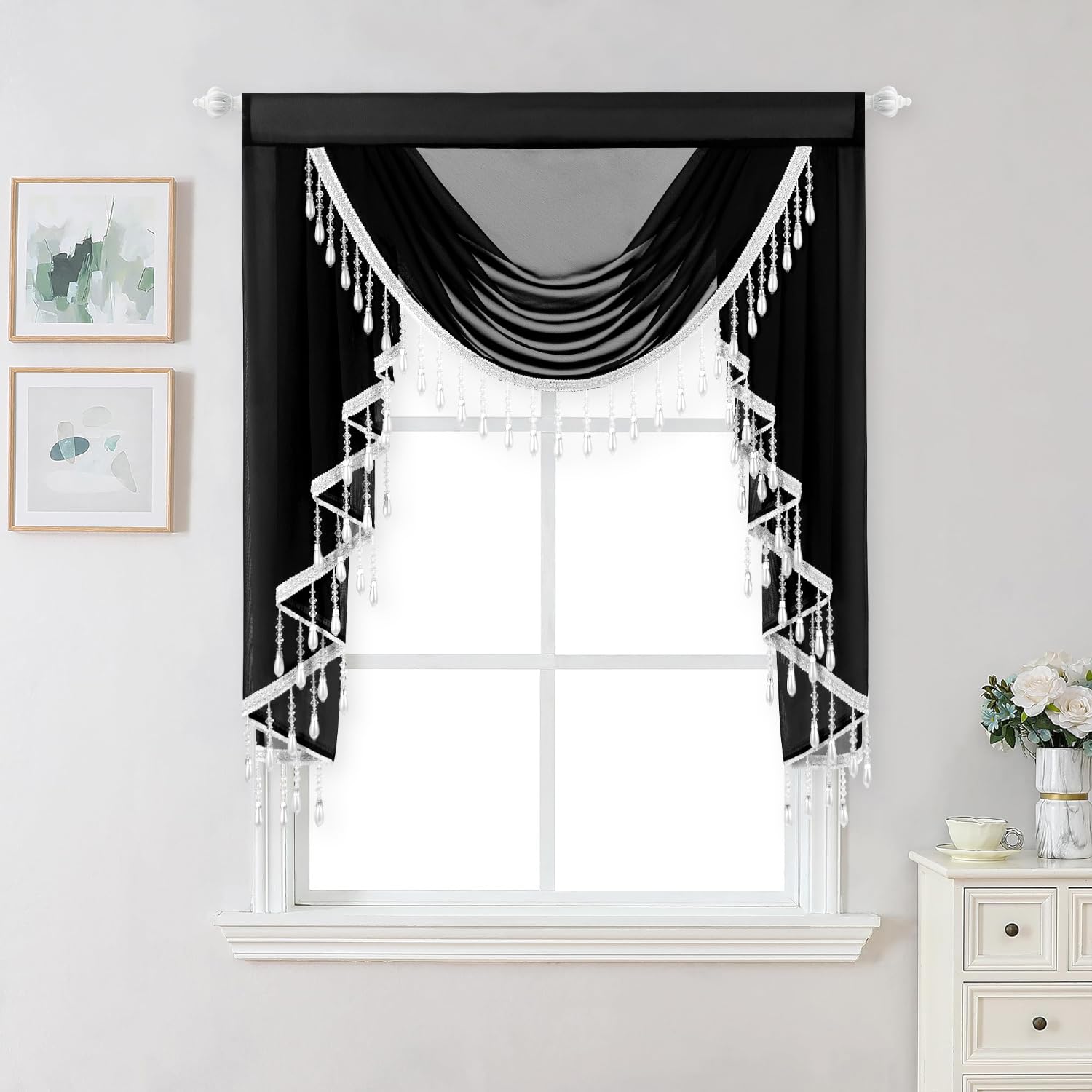 VOGOL Black Sheer Waterfall Valance, 39 Inches Wide European Style Luxury Voile Swag Curtain with Beaded Tassels, Decorative Window Treatment for