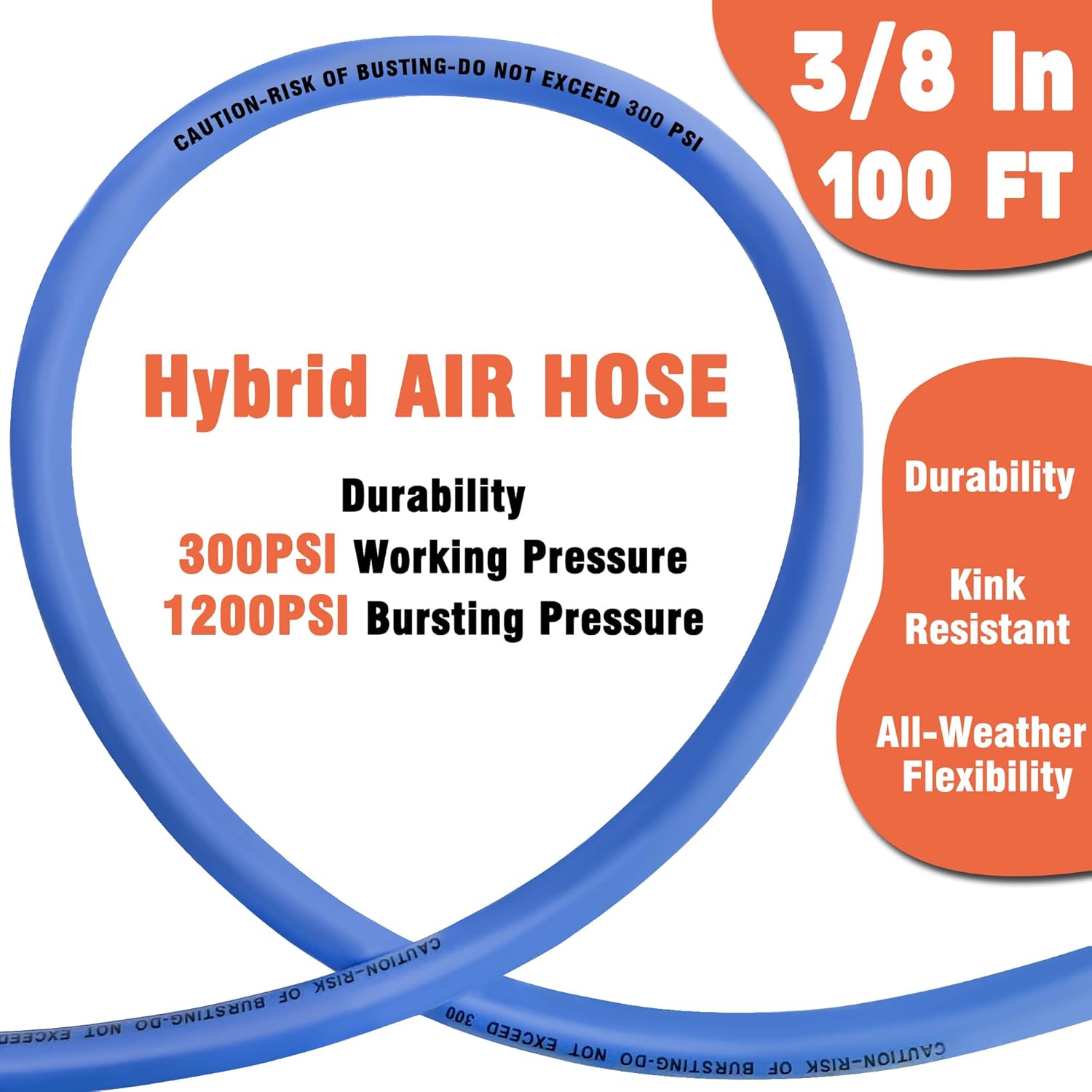 Air Compressor Hose 3/8 in x 100 ft, 300 PSI Heavy Duty Hybrid Air Hose with Quick Coupler and Plug Kit, Lightweight, Kink Resistant, All Weather Flexibility with Bend Restrictors, Blue