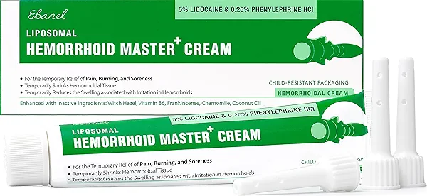 Ebanel 5% Lidocaine Hemorrhoid Treatment Cream with Witch Hazel, Phenylephrine, Horse Chestnut, Vitamin B6, Zinc Oxide, External and Internal Hemorrhoids Treatment Burn Itch Pain Relief Anal Cream