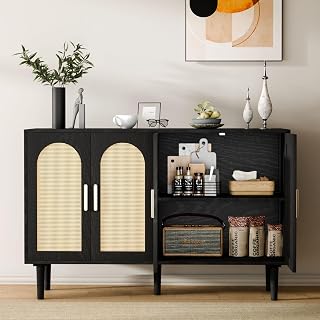 Large Sideboard Buffet Cabinet with Storage, Modern Credenza Buffet Table Coffee Bar Wine Bar Storage Cabinet with Artistic Carved Handle for Dining Room Living Room, (Black&Oak)
