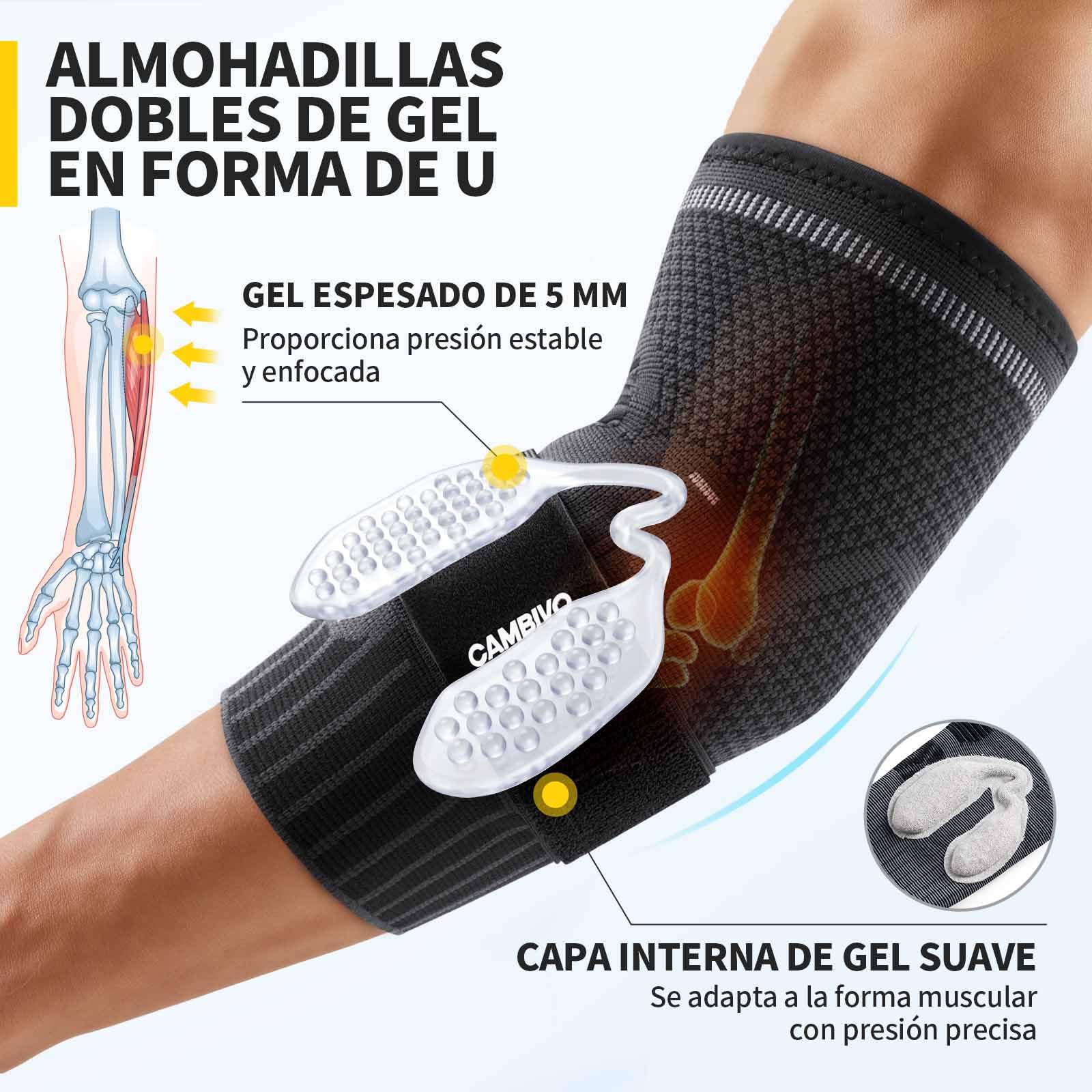 CAMBIVO Codera Epicondilitis con Doble Almohadilla de Gel 5mm – Coderas Tendinitis Ajustable con Compresión y Banda Regulable, Antideslizante para Tenis, Gym y Trabajo
