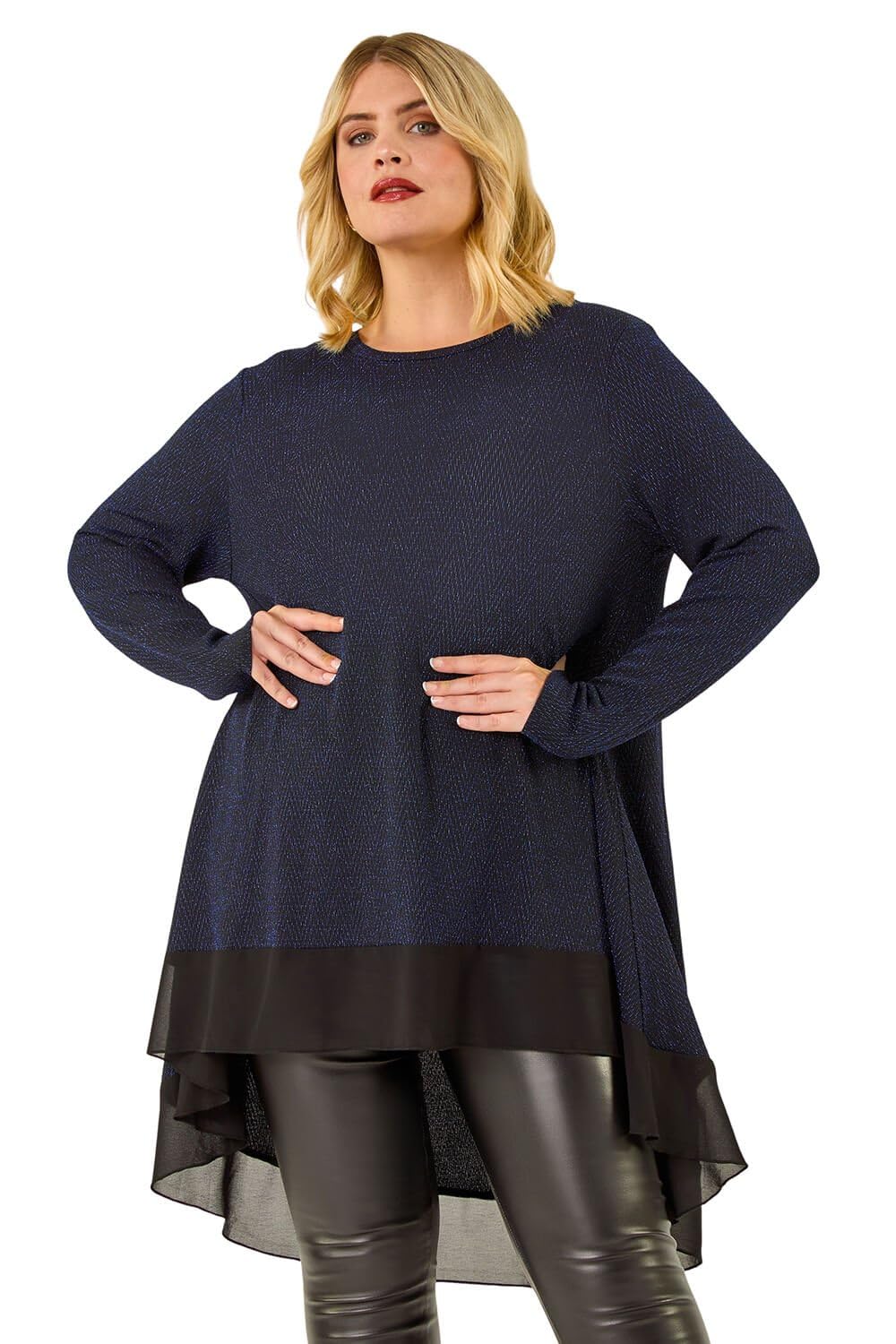 Roman Women's Blue Curve Glitter Chiffon Hem Tunic Top