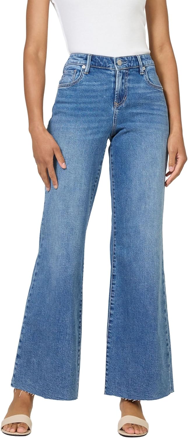 DEAR JOHN Micah Women’s Wide Leg Jeans Mid Rise Comfortable Stretch Raw Hem