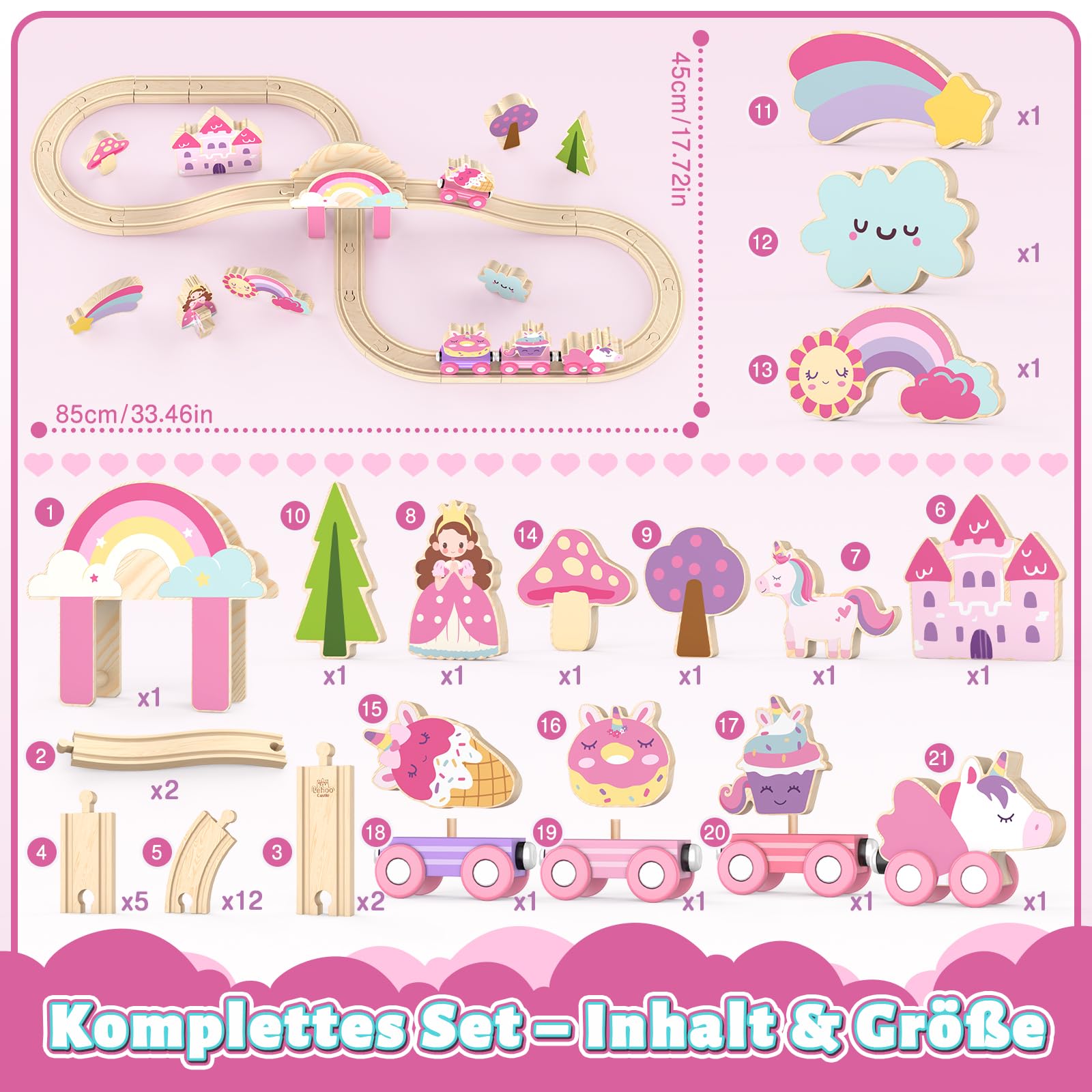 Lehoo Castle Holzeisenbahn für Mädchen, Einhorn Geschenk Mädchen 3 Jahre, Rose Spielzeug ab 3 4 5 Jahre Mädchen, Holzeisenbahn Zubehör