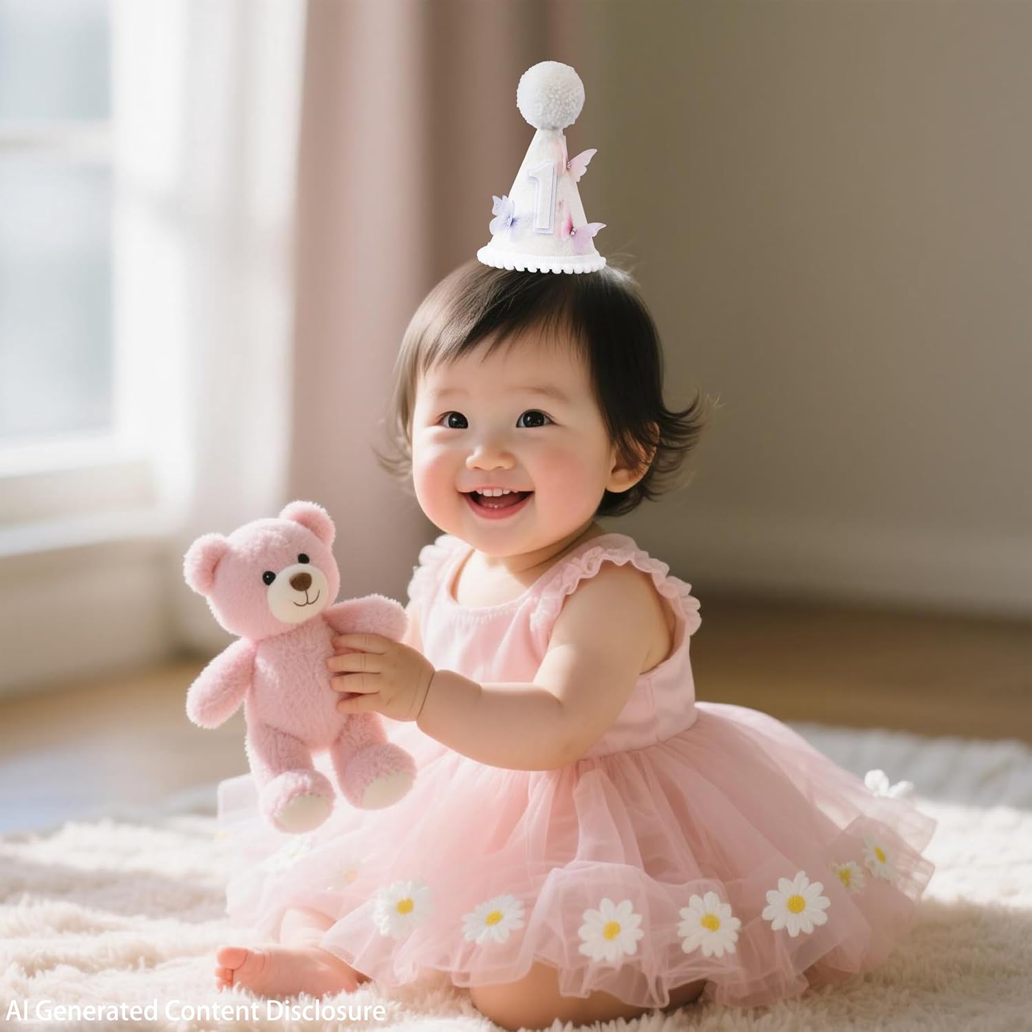 First Birthday Party Crown，Fairy Theme 6Month Birthday Hat, 3D Colorful Butterfly Party Hat, Girls' Fairy Wing Crown