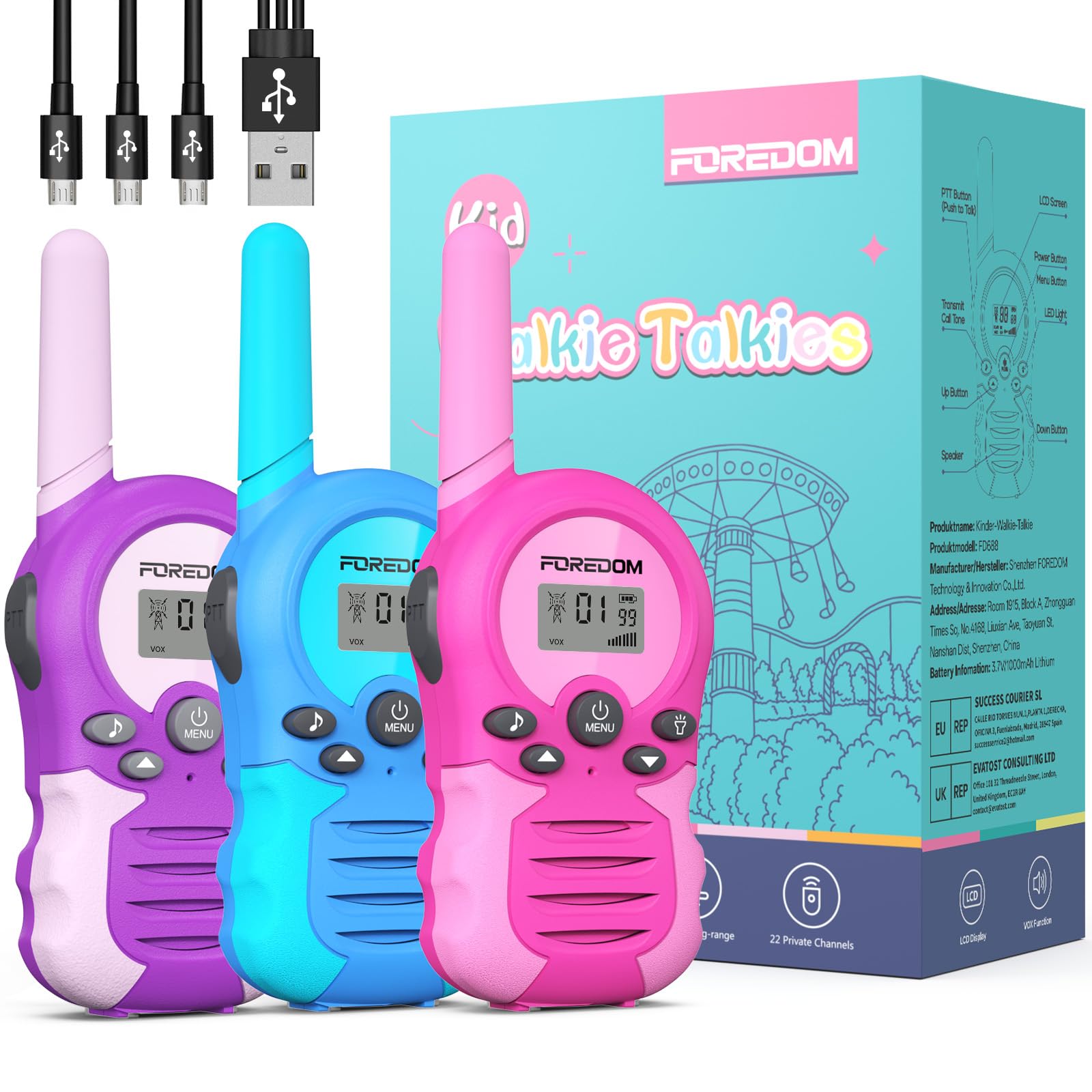 FOREDOM Wiederaufladbare Walkie Talkies für Kinder Walkie Talkies Funkgeräte Set Spielzeug für Jungen & Mädchen 3-12 Jahre, Abenteuer, Camping, Wandern – 3er Set