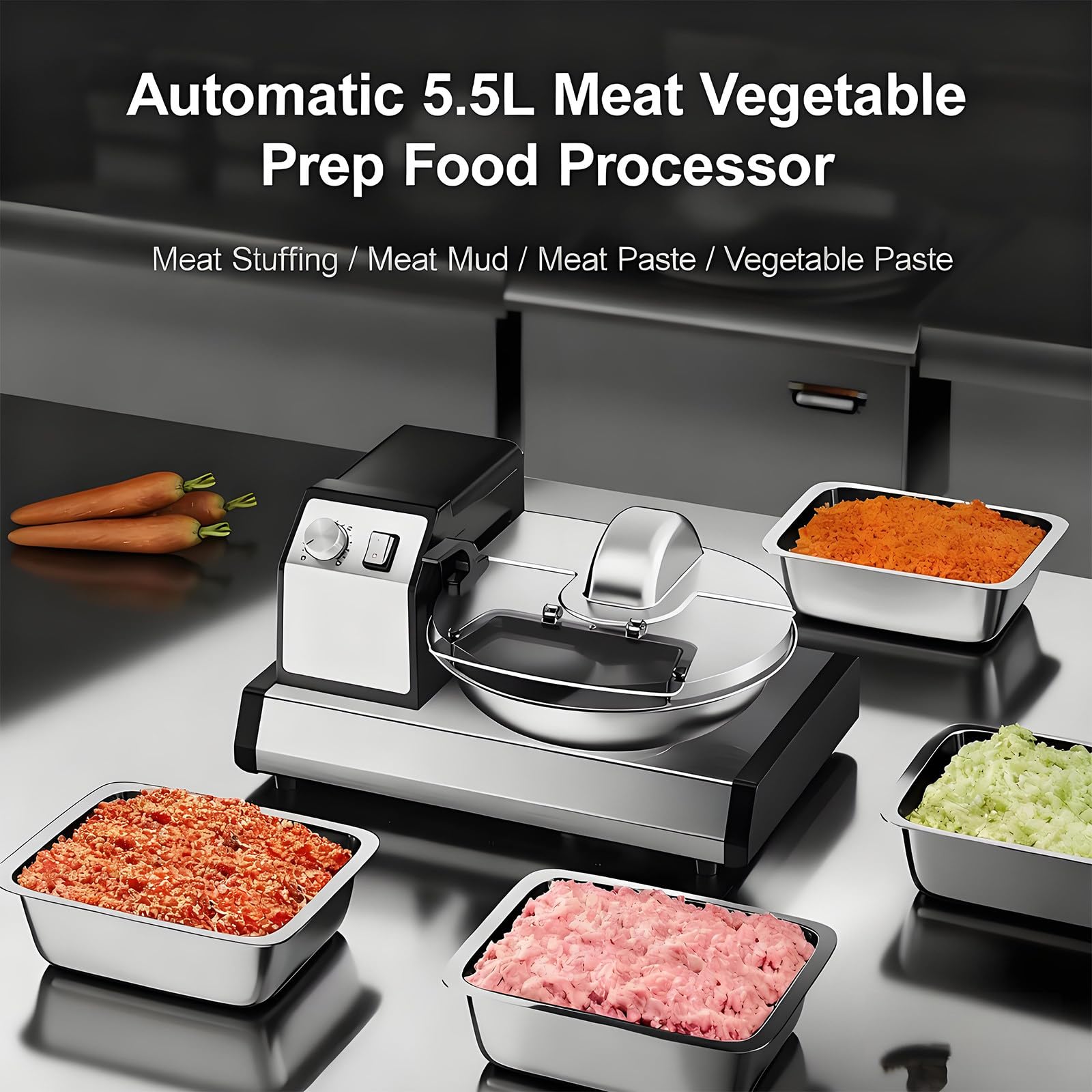 Robot da Cucina Elettrico con Timer Incorporato, Tritatutto, macina, grattugia e frullatore in Acciaio Inox da 5,5 Litri per Verdure, Noci, Aglio,