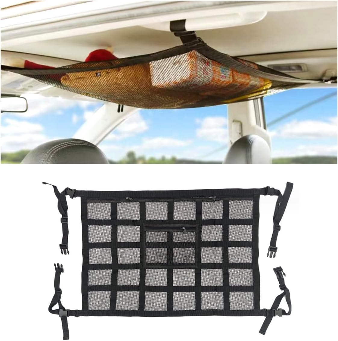 Car Ceiling Cargo Net Pocket, 30" x 21.2", Droop Less Car Storage Organizer, Strengthen Load Bearing Double Layer Mesh Organizer, SUV, Trucks, Camping, Road Trip Essentials