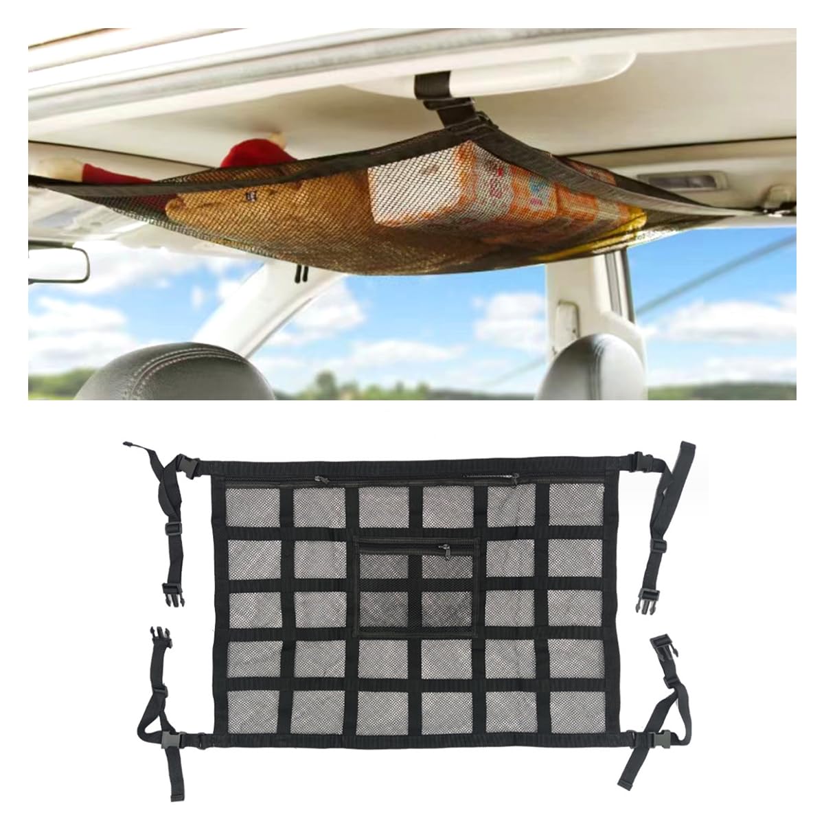 Car Ceiling Cargo Net Pocket, 30" x 21.2", Droop Less Car Storage Organizer, Strengthen Load Bearing Double Layer Mesh Organizer, SUV, Trucks, Camping, Road Trip Essentials
