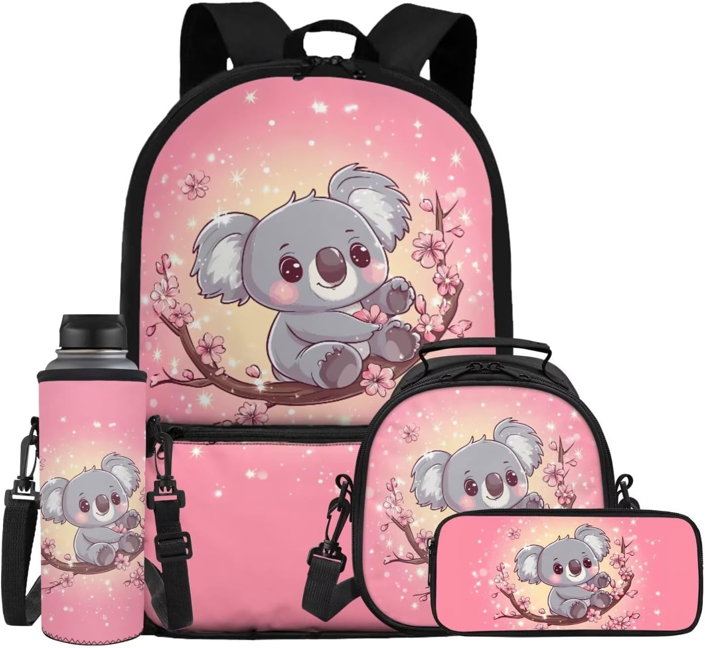 Showudesigns Cute Koala Girls Backpack and Lunch Box Set Elementary School Bookbag Lunch Bag Pencil Case Water Bottle Holder Back Pack Satchel for Kids Preschool Kindergarten School Bag Pink