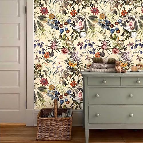 Miniatura 6 de Papel tapiz autoadhesivo de 18 x 236 pulgadas, diseño bohemio de flores silvestres y hojas, papel de contacto extraíble para despegar y despegar,