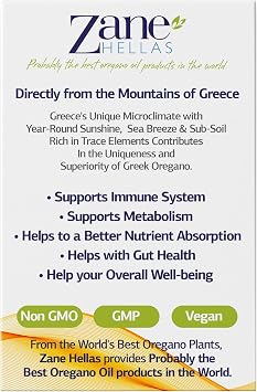 Zane Hellas 190 mg Oregano Oil-164 mg Carvacrol per Serving-4 Drops Daily. 100% Greek Undiluted Oil of Oregano. 86%-90% Min Carvacrol. Probably The Best Oregano Oil in The World. 0.5 fl. oz.- 15ml.