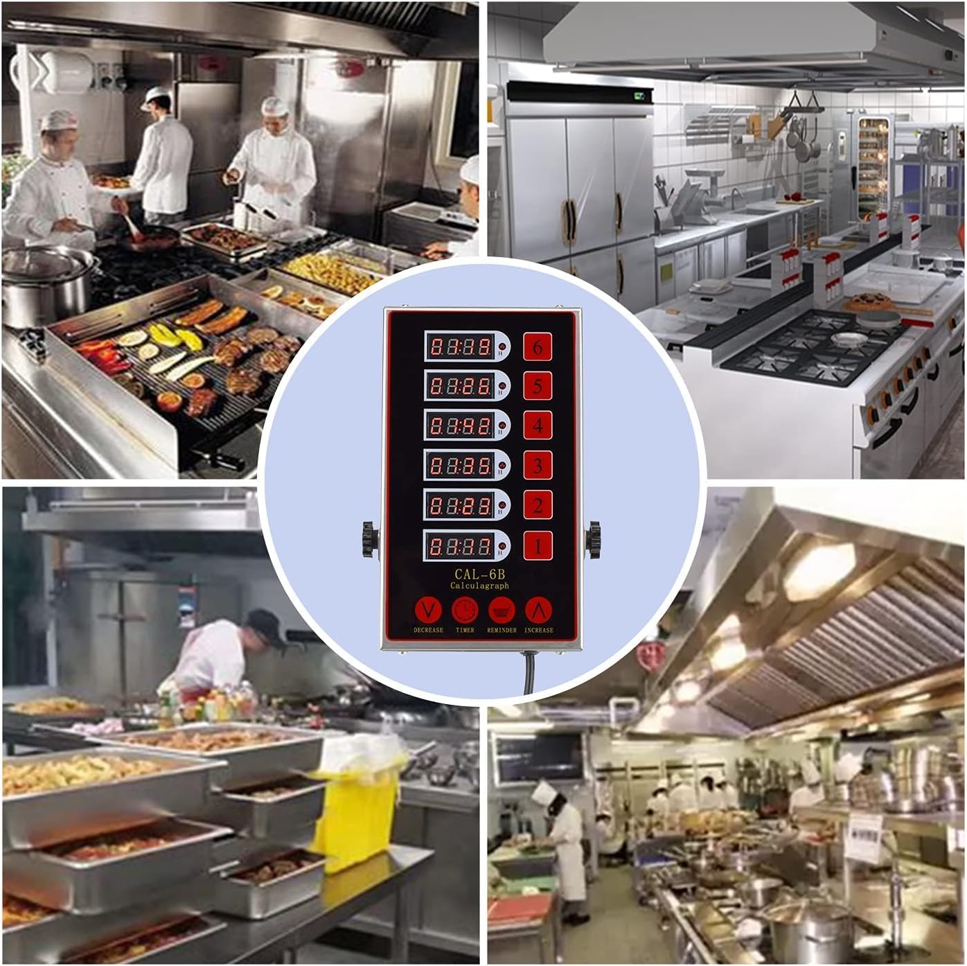 Commercial Kitchen 6-Channel Timer Digital Cooking Timer Reminder with Loud Alarm Stainless Steel Clear LED Display for Restaurant and Home Kitchen
