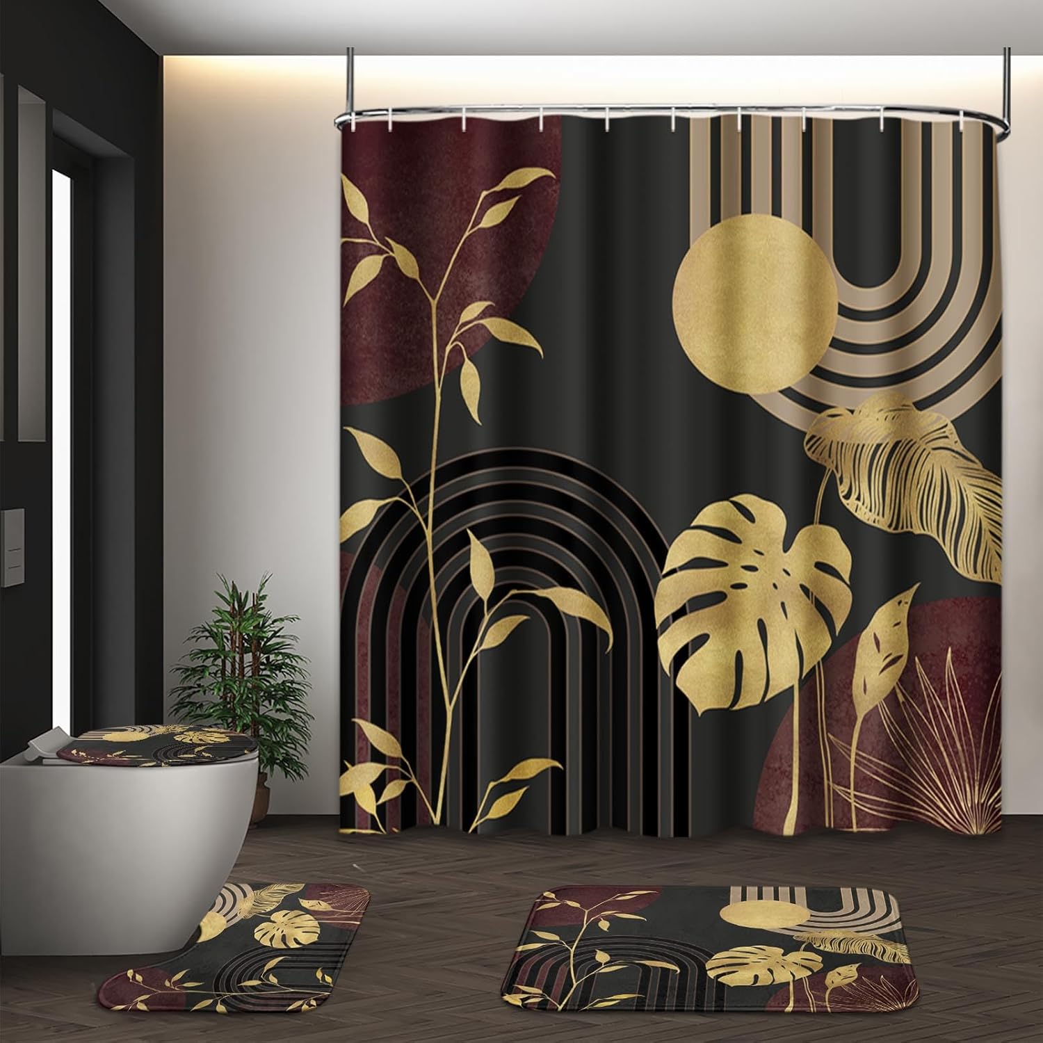 Boho Vintage Shower Curtain Set with Toilet Lid Cover and Non-Slip Rugs, Gold Tropical Minimalist Neutral Grey 4 Pcs Modern Minimalist Vintage Shower Curtain for Bathroom Set with 12 Hooks