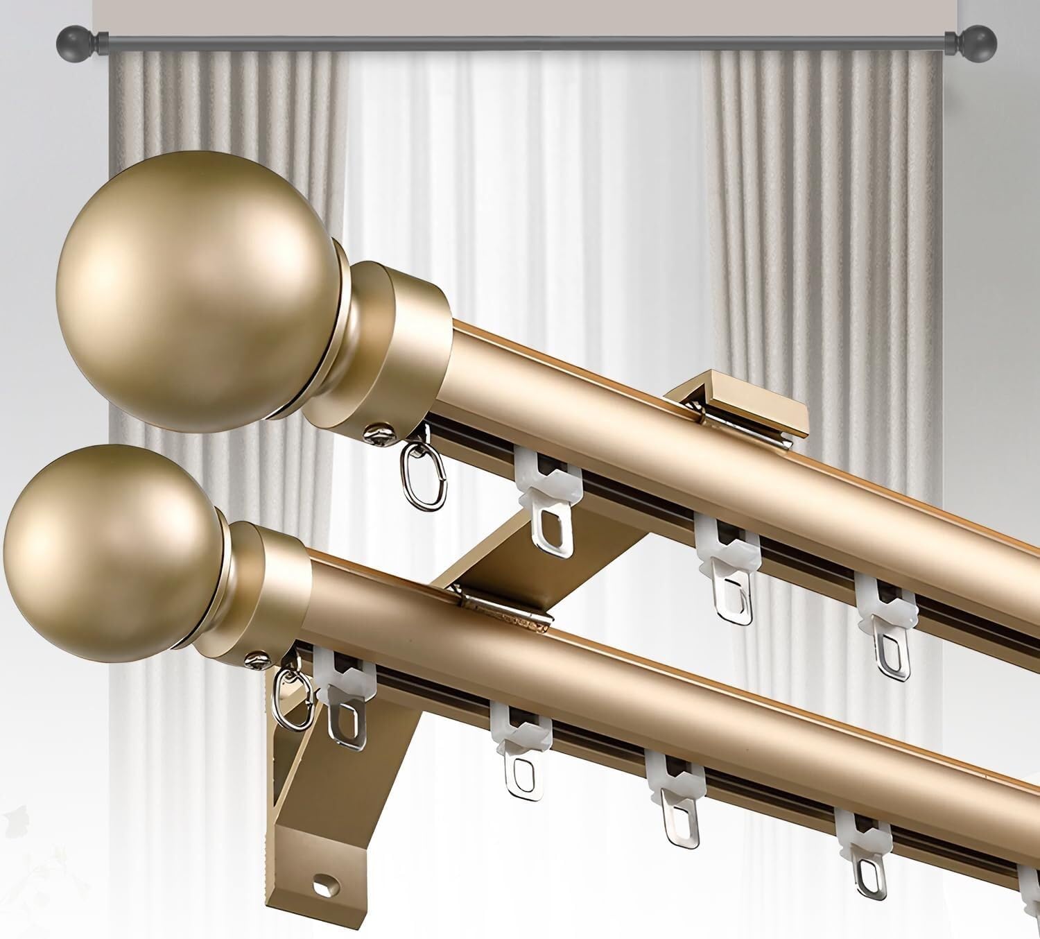 Wall Mount Double Curtain Track Rod, Heavy Duty Drapery Rod Aluminum Alloy Silent Dual Rail Decorative, for Bedroom/Living Room/Windows/Room Divider(Champagne,4.4m(14.4ft))