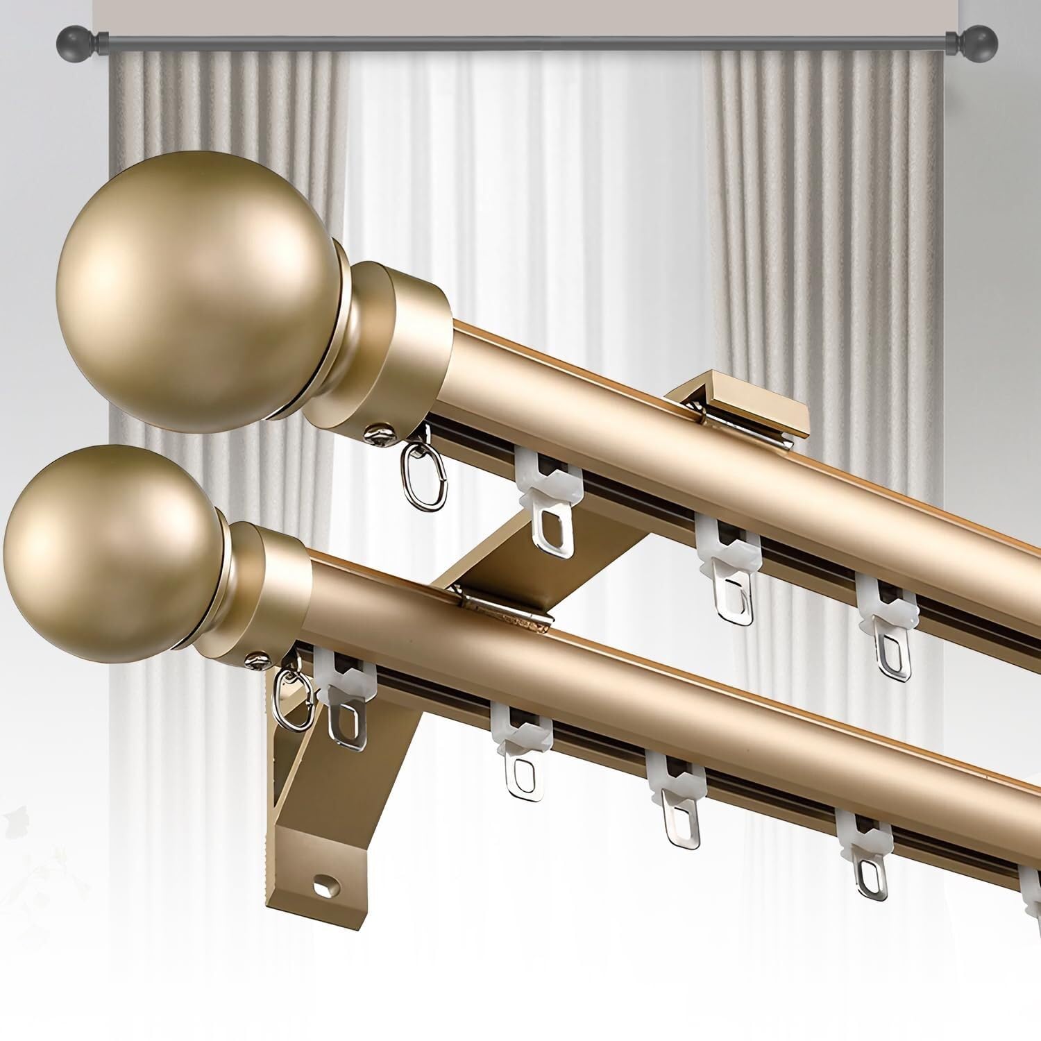 Wall Mount Double Curtain Track Rod, Heavy Duty Drapery Rod Aluminum Alloy Silent Dual Rail Decorative, for Bedroom/Living Room/Windows/Room Divider(Gold,3.7m(12.1ft))