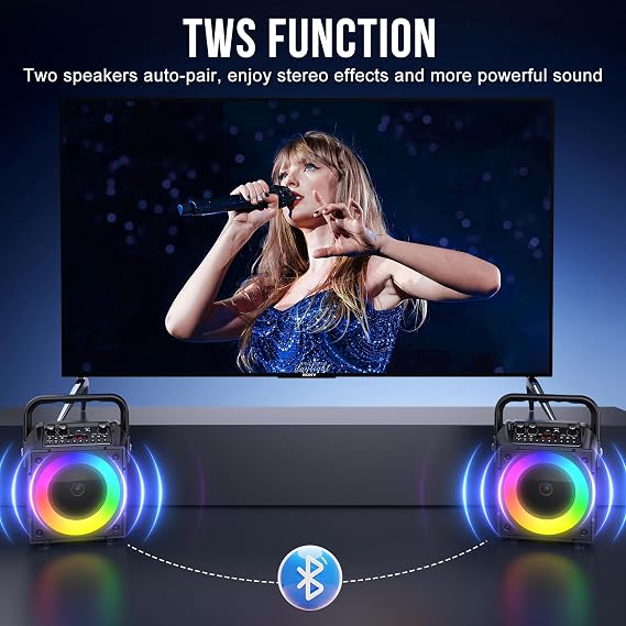 Karaoke Machine with Two Wireless Microphones, Adults&Kids Portable Karaoke Machine, Bluetooth Speaker with PA System, LED Lights, Supports TF Card/USB, AUX in, FM, USB,TWS, REC for Party, Gift(Black)