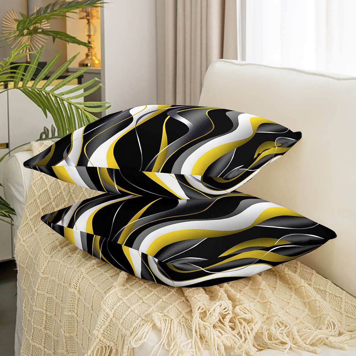 Loussiesd Geometric Throw Pillow Covers 20"x20" Set of 2 Soft White Yellow Black Grey Lines Cushion Covers for for Sofa Modern Abstract Art Decorative Pillowcases Outdoor Pillows Covers - Image 3