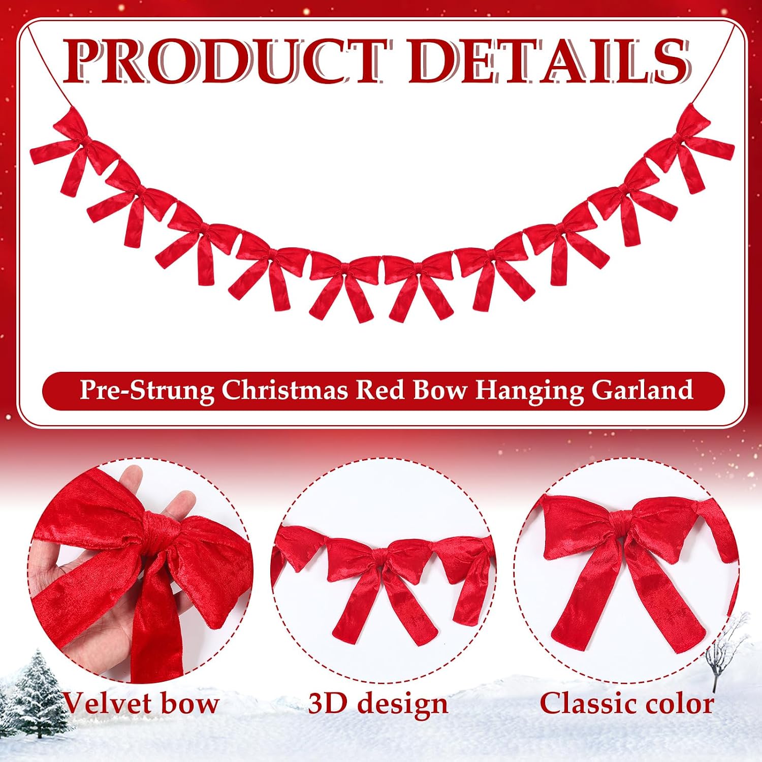 VitalCozy 6 ft Christmas Red Velvet Bows Garland Pre-strung Christmas Garland Banner with 10 Bows Xmas Decor for Tree Mantel Fireplace Cabinet Stair Bedroom Living Room Home Indoor Holiday Decoration