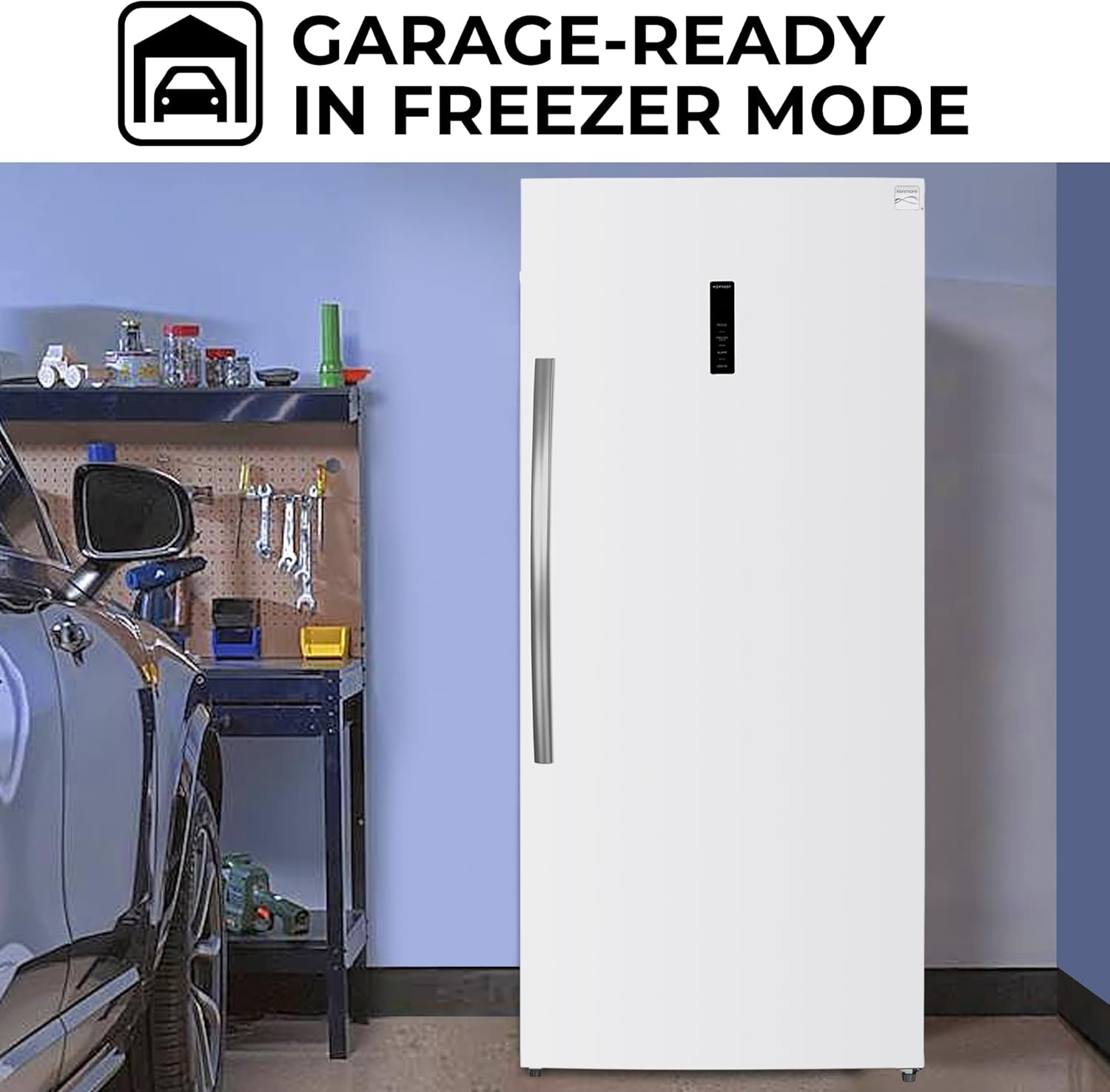 Kenmore convertible freezer/refrigerator placed in a garage setting.