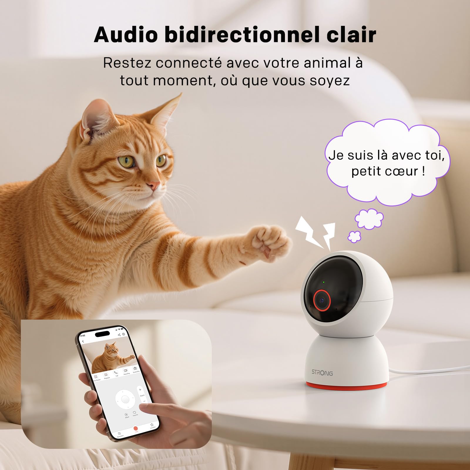 STRONG - Caméra de sécurité intérieure Smart Home 8MP, 4K, Vue panoramique 360, Alerte Mouvement, Compatible Wi-FI, Application de contrôle, Montage sur Table