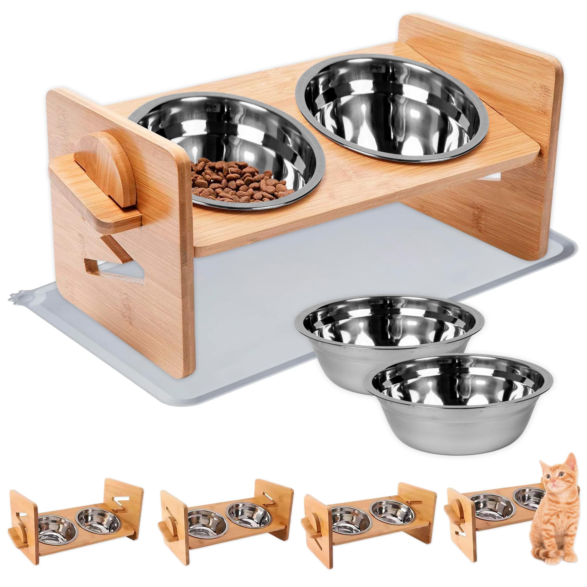 Comedero Elevado para Gato Ajustable - Comedero Antivomitos para Gatos, Perros Pequeños y Medianos- Set Completo Formado con Cuencos de Acero Inoxidable y Alfombrilla de Silicona Antideslizante.