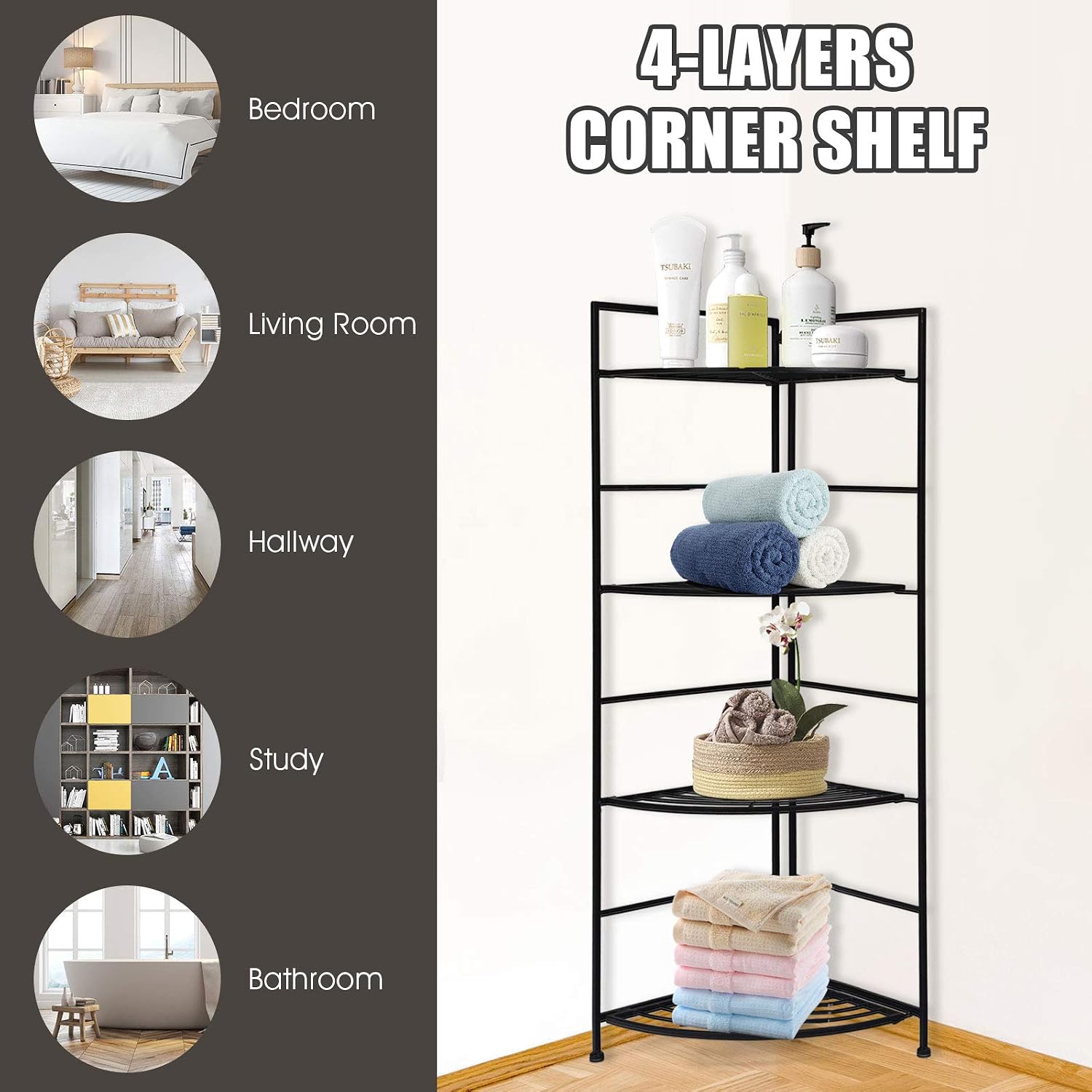 S AFSTAR 4-Tier Metal Plant Stand, Folding Corner Storage Shelf with Sturdy Frame and Slatted Trays, Freestanding Flower Potted Holder for Patio Balcony Courtyard