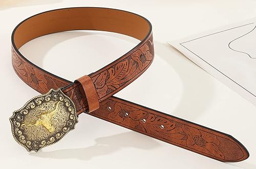 Miniatura 6 de Hombres-Western-Cuero-Hebilla-Cinturones-Vaquero-Longhorn-Toro-Hebilla-Cinturón-Cinturón-Floral-Grabado-Hebilla-Para Mujeres