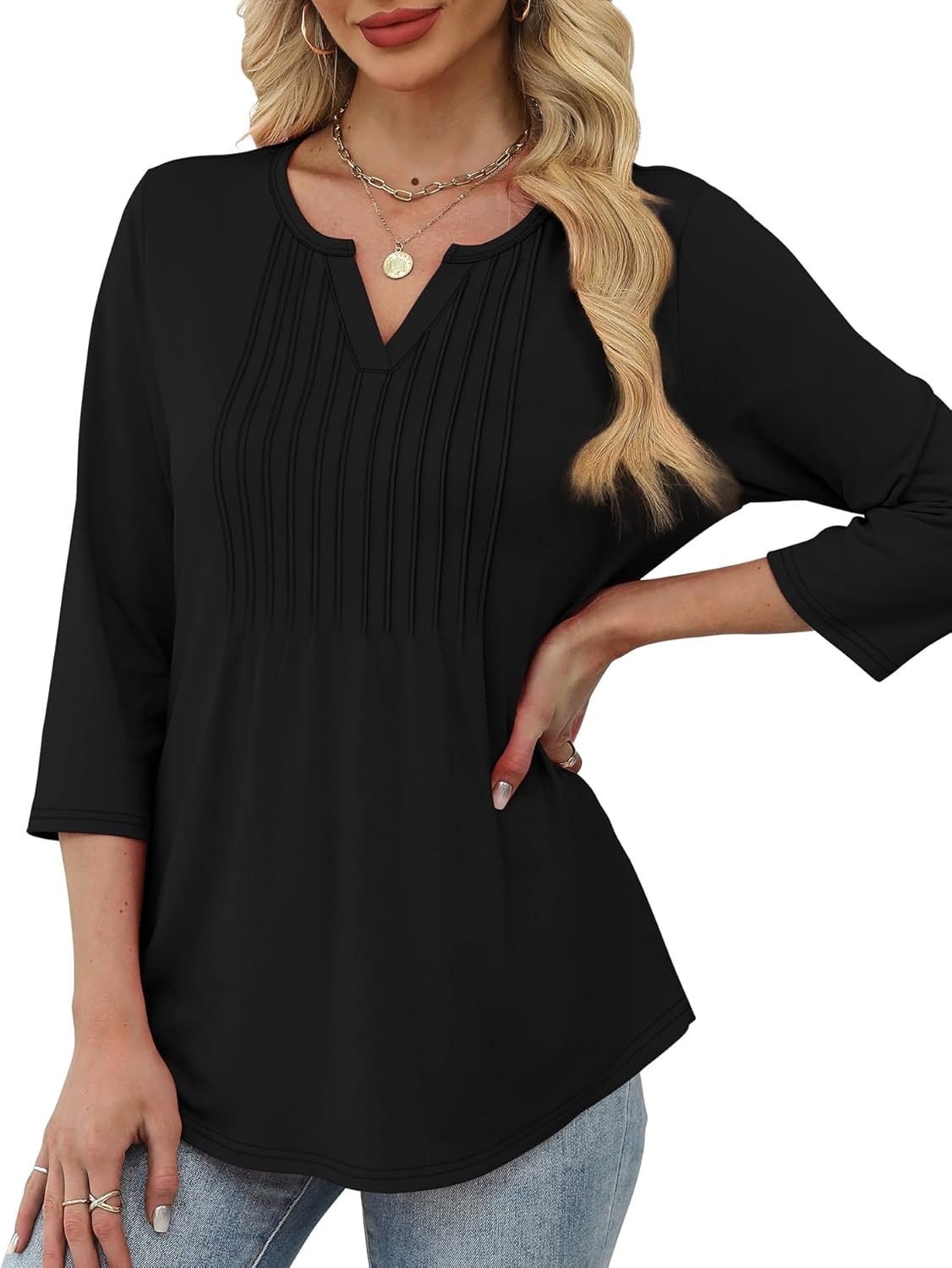 XIEERDUO Womens 3/4 Sleeve Tops 2026 V-Neck Summer Outfits Casual Pleated Shirts Blouses Beach Vacation Spring Clothes - Image 3