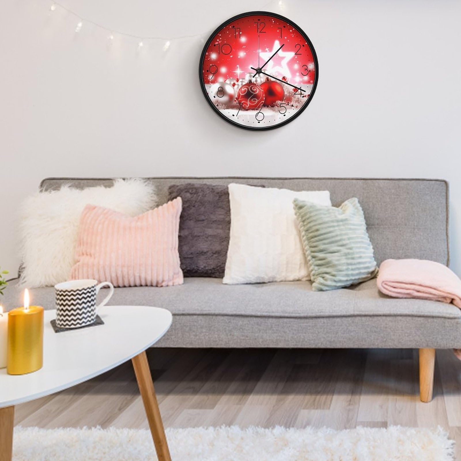 Reloj de pared redondo personalizado con fondo de decoración navideña de 9.8 pulgadas, moderno reloj circular para sala de estar, dormitorio, cocina, oficina, decoración, funciona con pilas