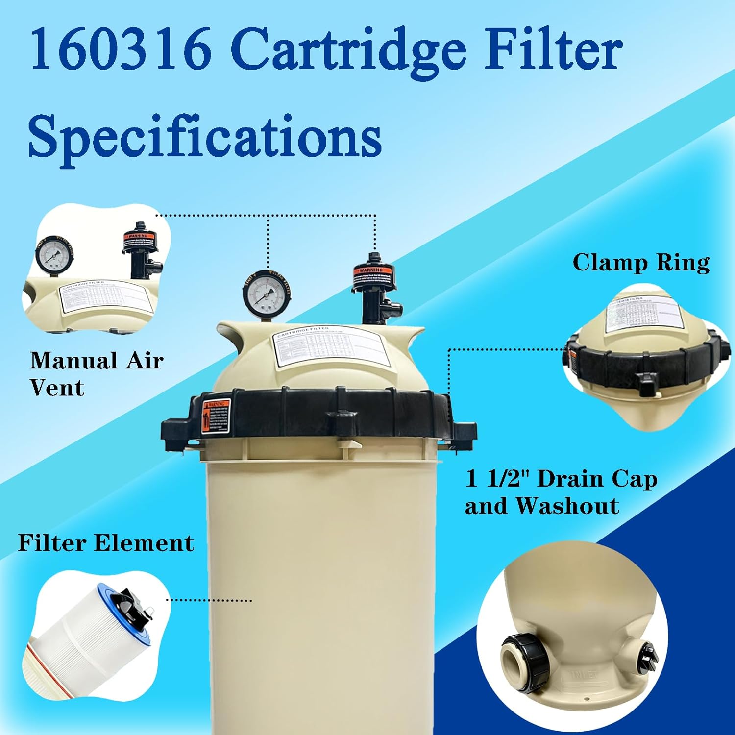 160316 Single Cartridge Pool Filter Pump 100 Sq. Ft. 100 GPM for Pentair Clean & Clear CC100 Pool Spa,Almond